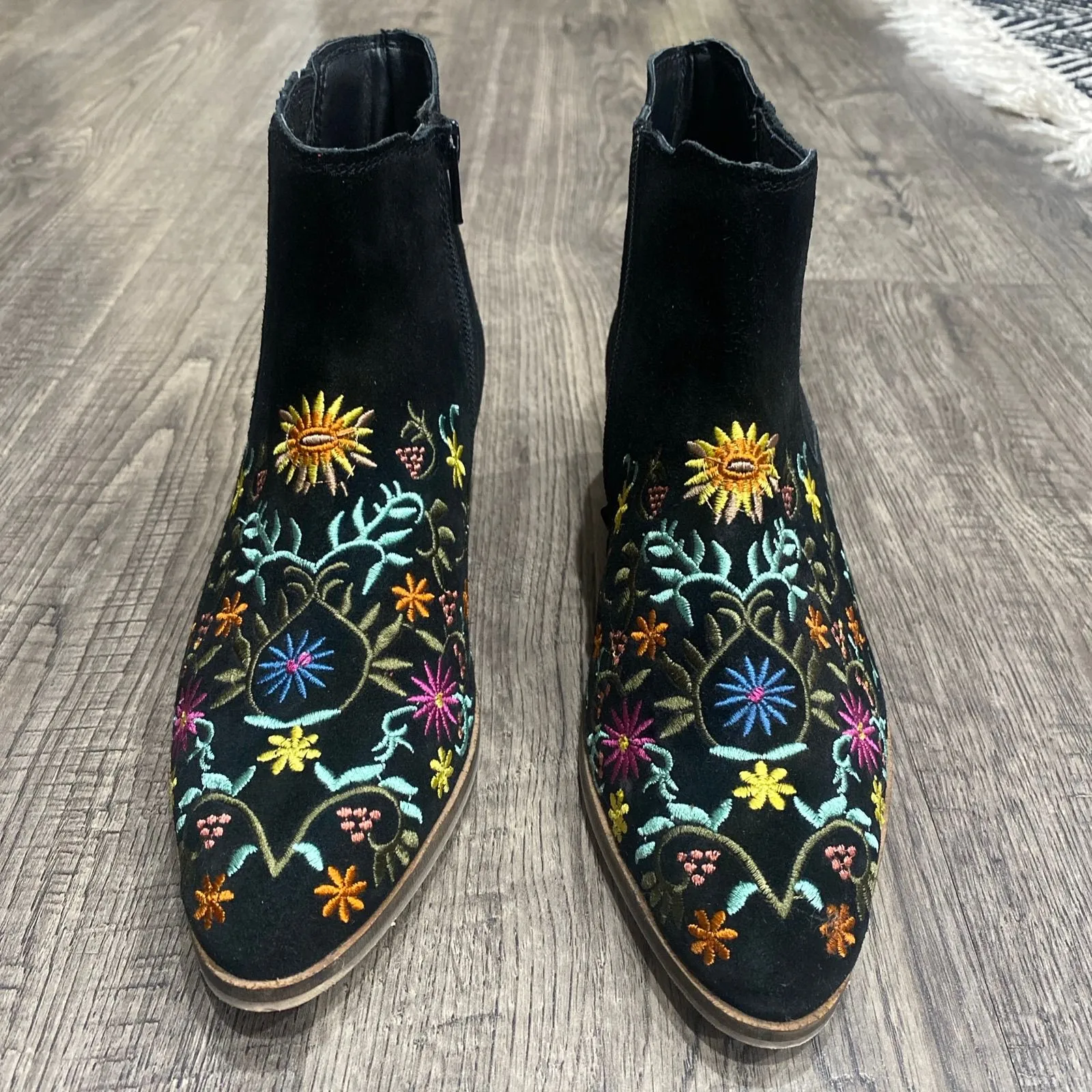 Product image for Diba Colorful Floral Embroidered Black Suede Low Heel Cowboy Style Booties Sz 6