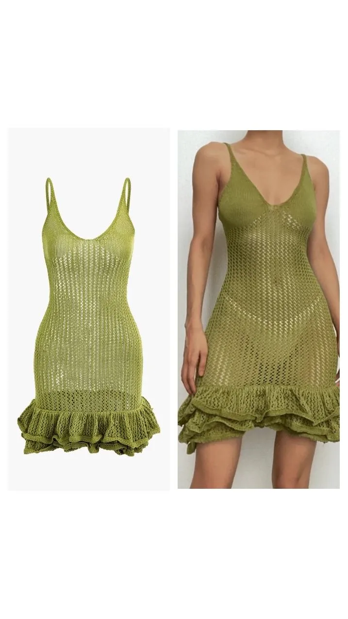 Product image for 79. NWT Micas Green Crochet Knit Ruffle Dress Small Bust 28"-33"