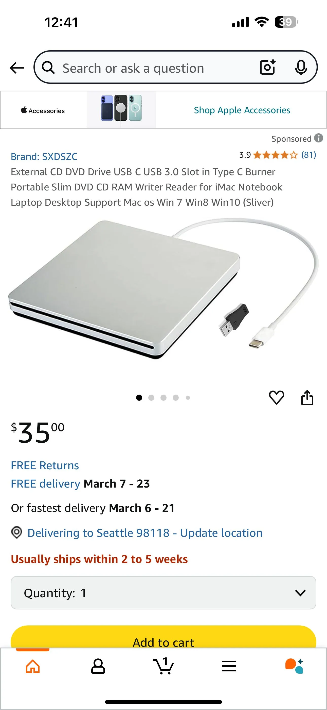 Product image for External CD DVD Drive USB C USB 3.0 Slot in Type C Burner Portable Slim DVD CD RAM Writer Reader for