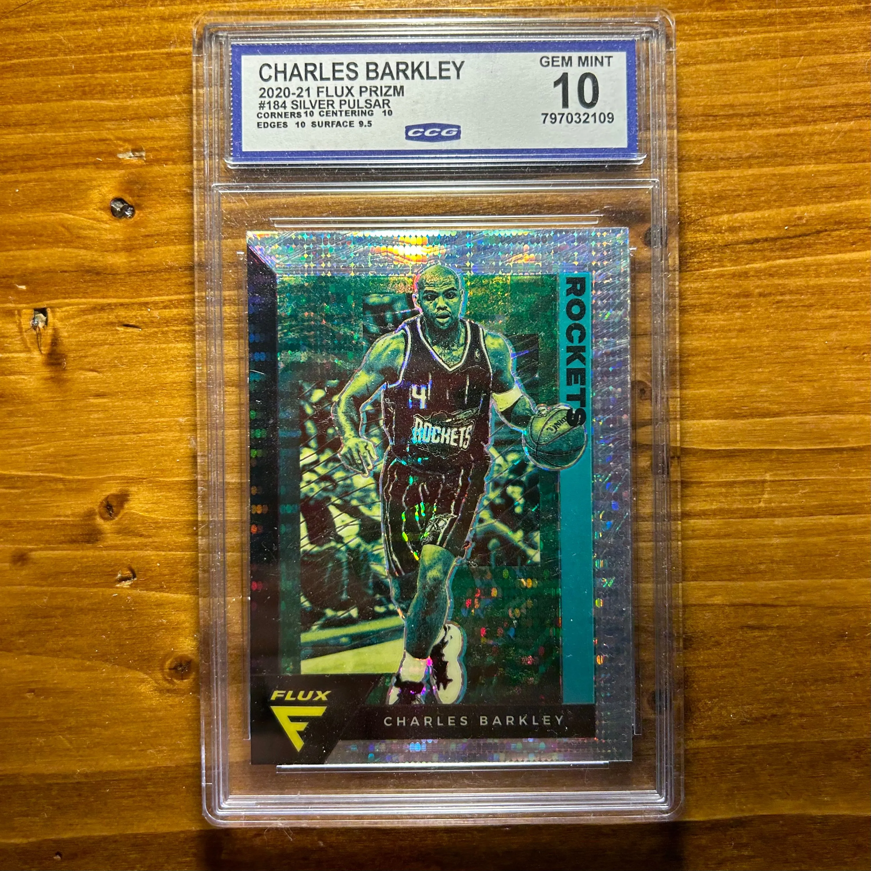 Product image for Charles Barkley - 2020-21 Panini Flux Prizm Silver Pulsar #184 Houston Rockets - CCG Gem Mint 10