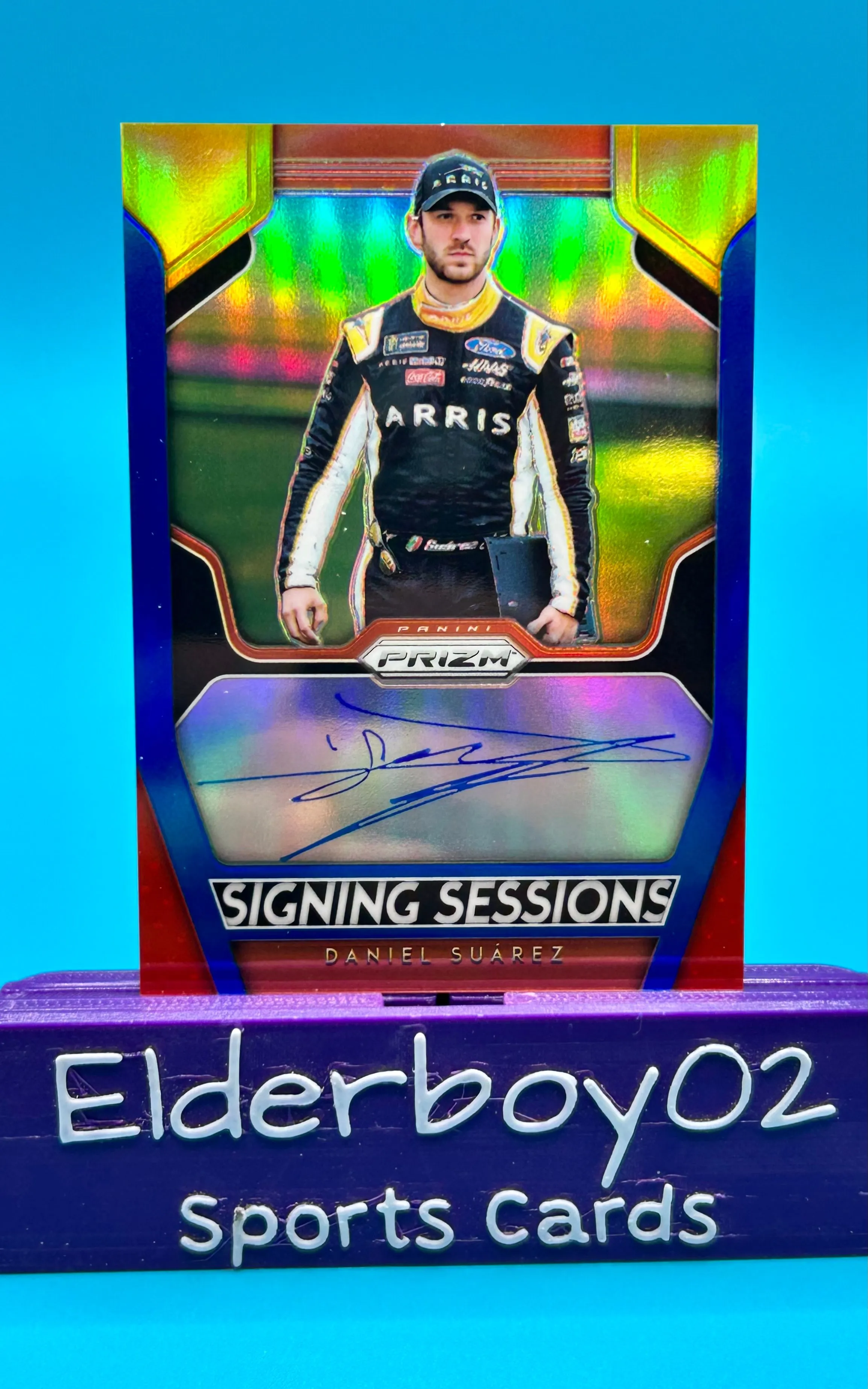 Product image for Daniel Suarez 11/24 Auto Signing Sessions Rainbow Prizm 2019 Panini Prizm Racing Nascar