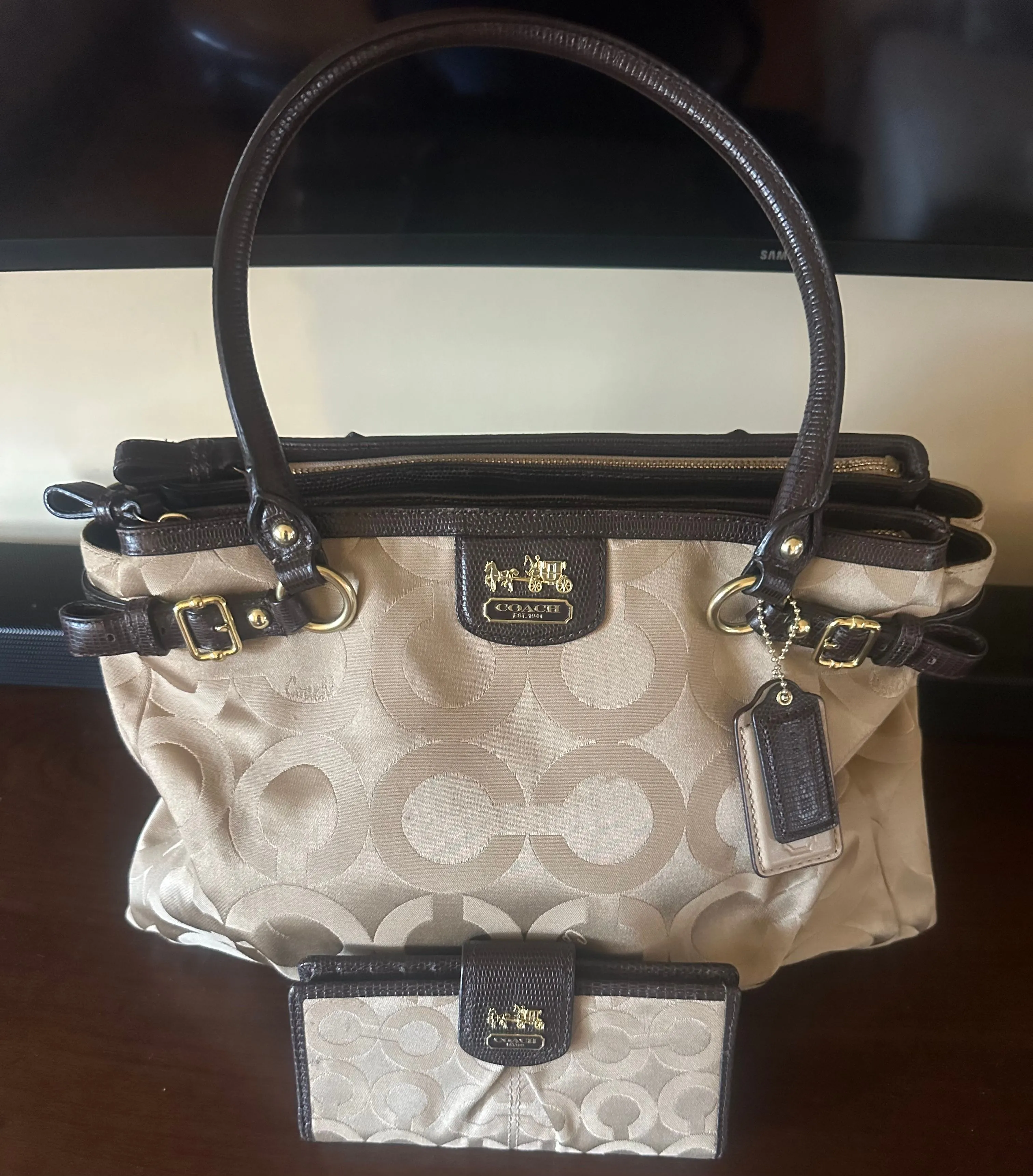 Product image for Coach Madison Kara optic beige canvas purse and matching wallet.