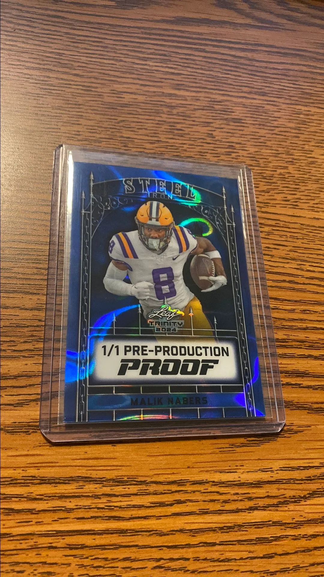Product image for Malik Nabers 1/1 Steel Iron Trinity Pre Production Proof 2024 Blue Cracked Ice LSU New York Giants