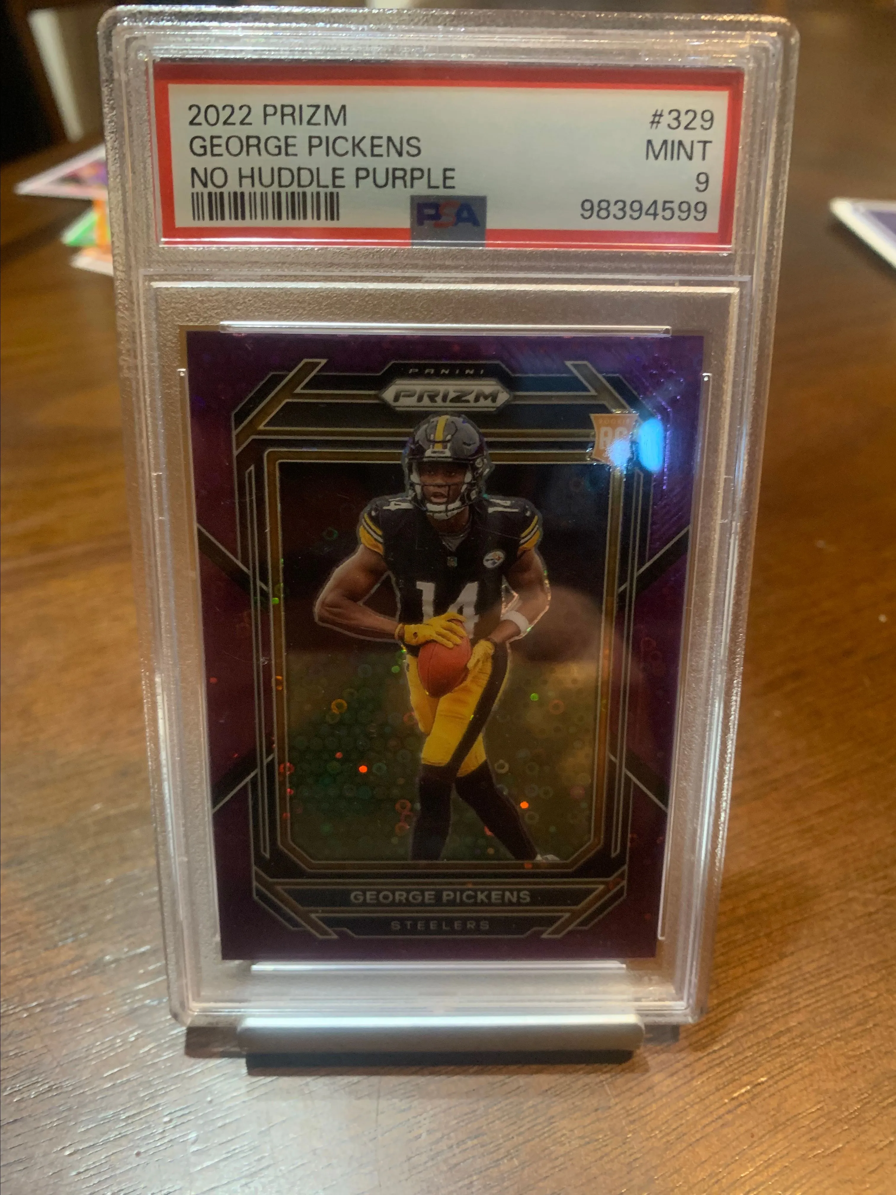 Product image for 2022 Prizm George Pickens No Huddle Purple Disco /35 PSA 9