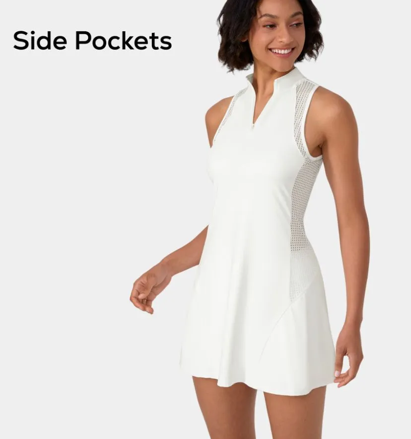 Product image for HALARA half zip contrast mesh side pocket tennis dress no shorts White XS