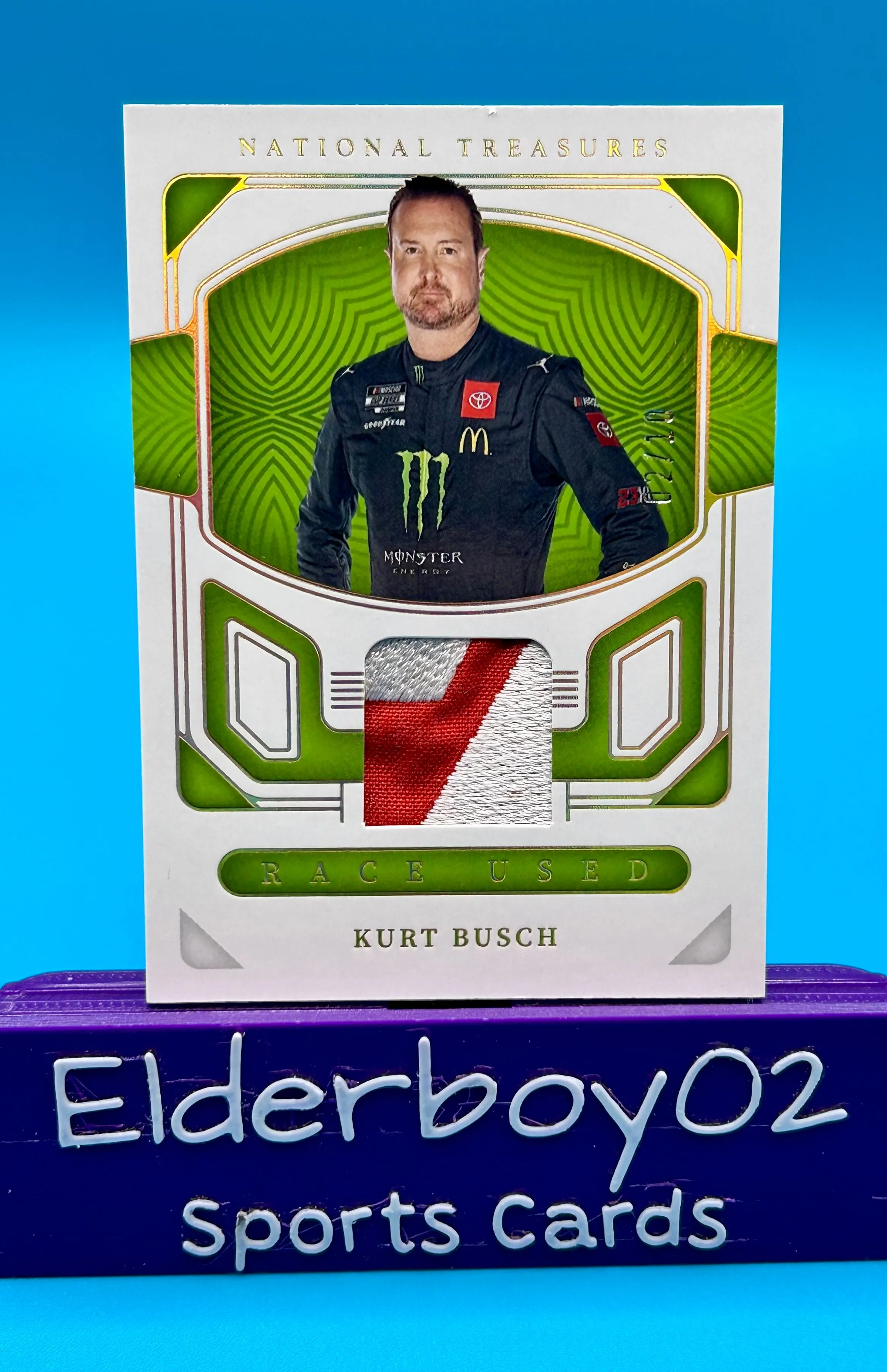 Product image for Kurt Busch 2/10 Firesuit Race Used Holo Gold 2023 Panini National Treasures Racing Nascar