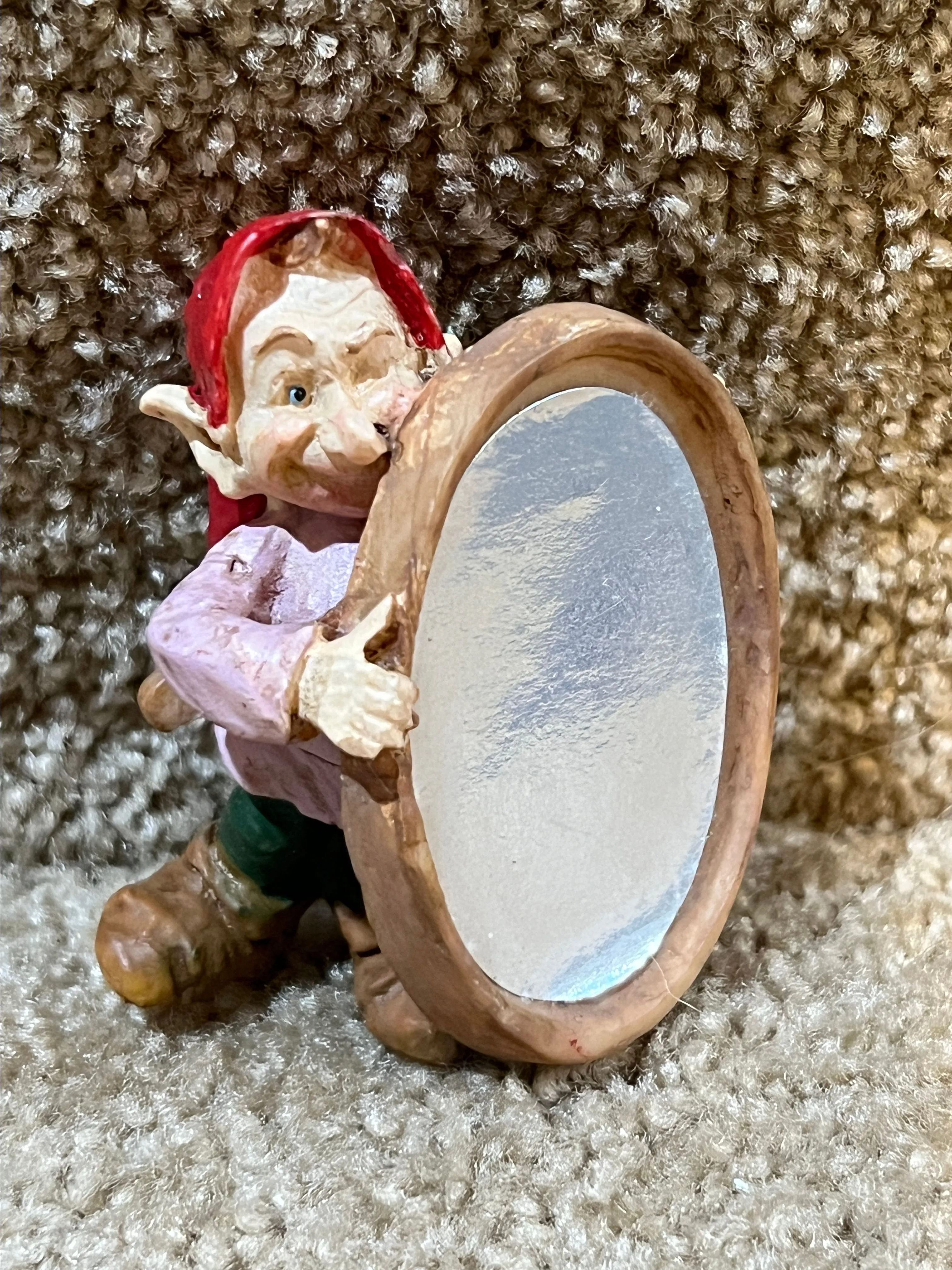 Product image for Christmas decor Village figure Elf Holding Mirror 2” tall Resin Vintage