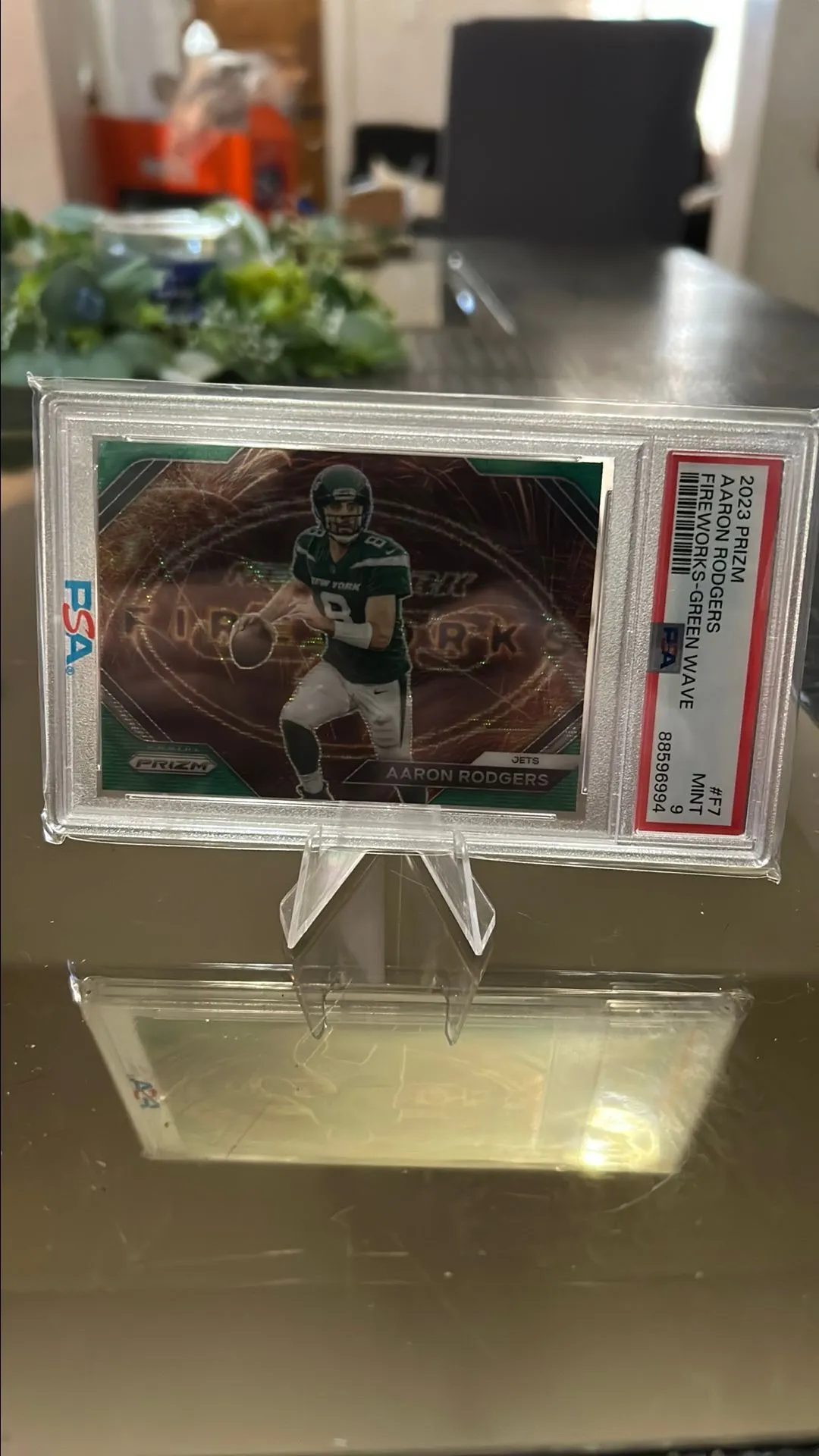 Product image for 2023 Panini Prizm Fireworks Aaron Rodgers F7 Fireworks-Green Wave PSA MINT 9