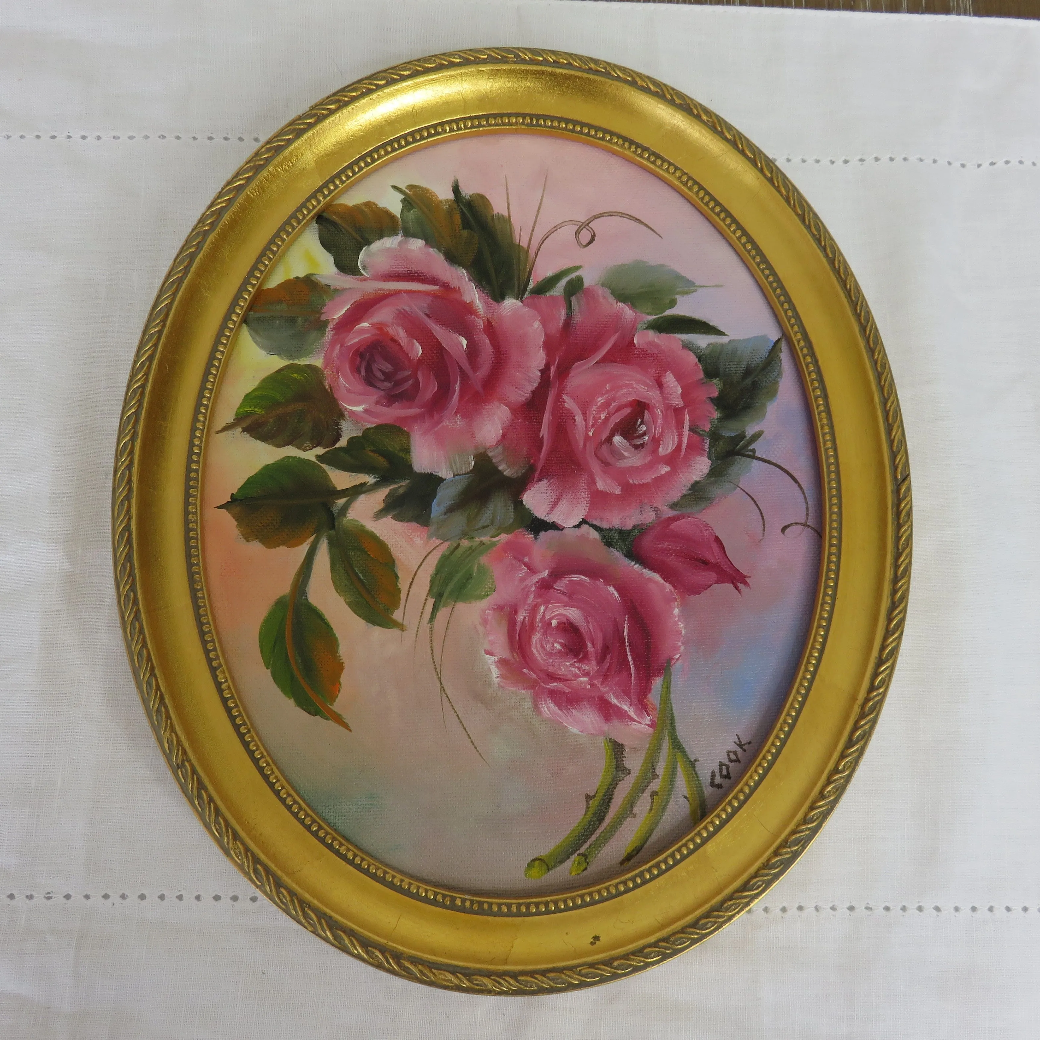 Product image for Hand PaintedOval rose painting, signed Cook