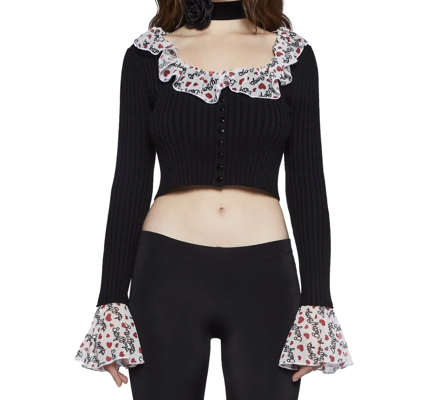 Product image for Dolls Kill - Black Long Sleeve + Lace Crop Top - XS