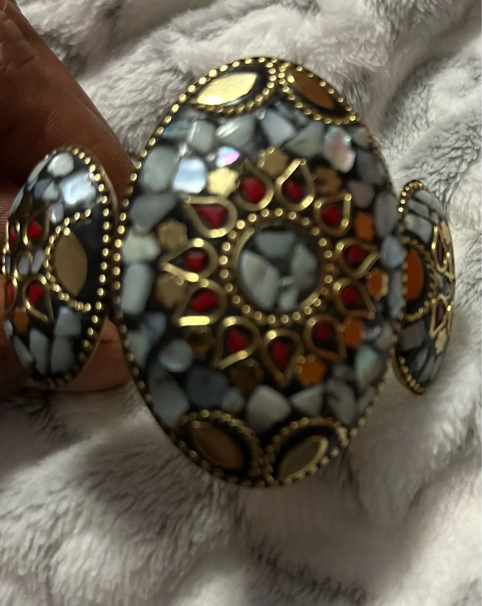 Product image for Mother of pearl bracelet with brass accents. Handmade.