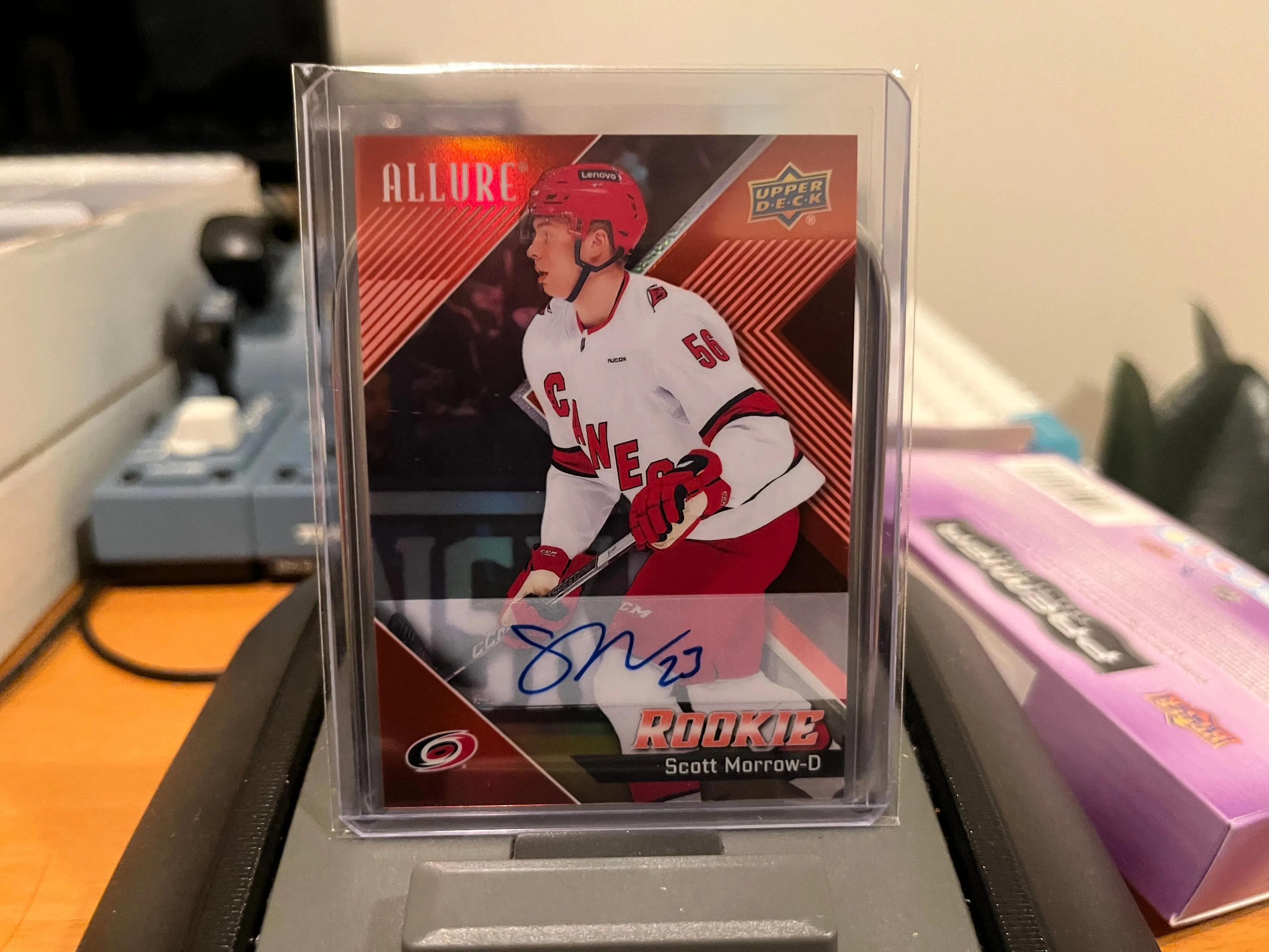 Product image for Morrow	Scott	Red Rainbow Rookie Auto - Sticker RC 1:48 Packs Hurricanes Canes Rangers Rags