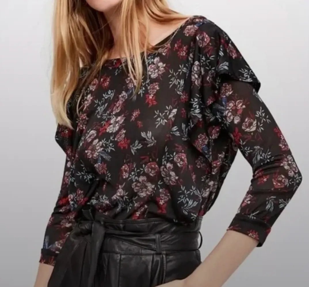 Product image for NWT Free People Black Comb Ruffle 3/4 Sleeve Floral Top Size Small