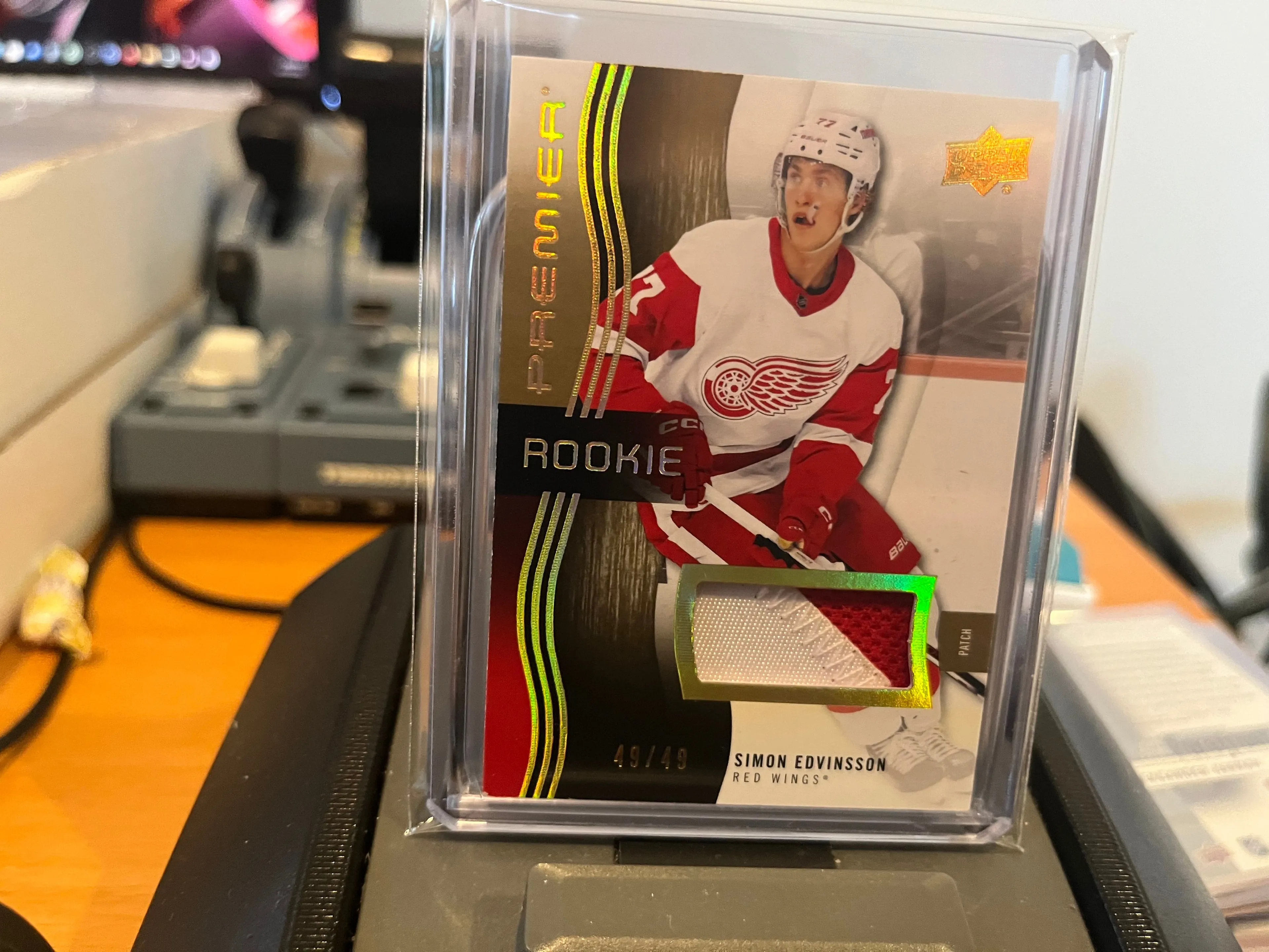 Product image for Edvinsson	Simon	FLLCorner Rookie Memorabilia Patch Bookend 49/49 2CLR Jersey - Serial Numbered Player Worn RC Red Wings