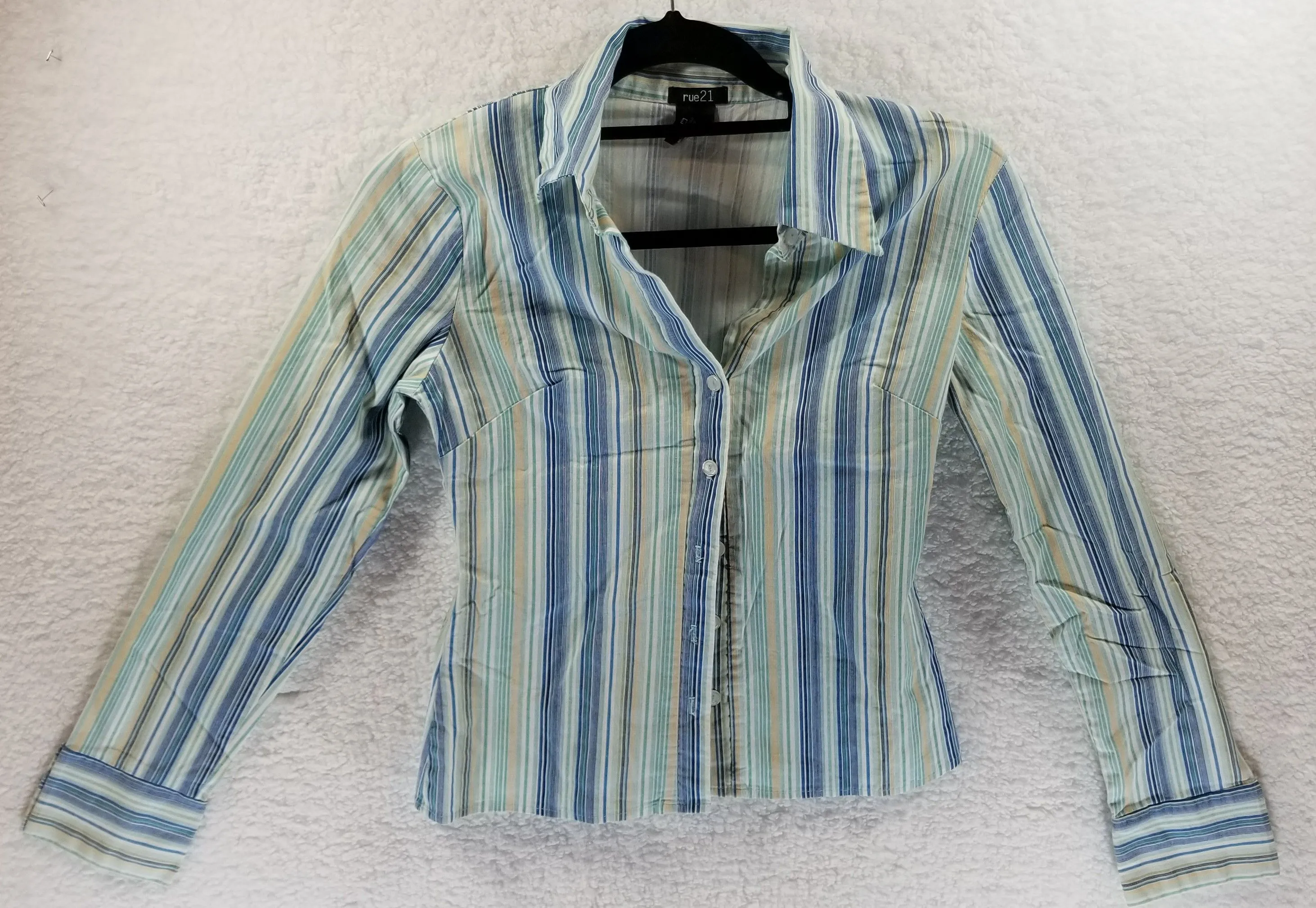 Product image for Rue 21 Blue/Green/Yellow Pin Stripe Long Sleeve Top Size S 