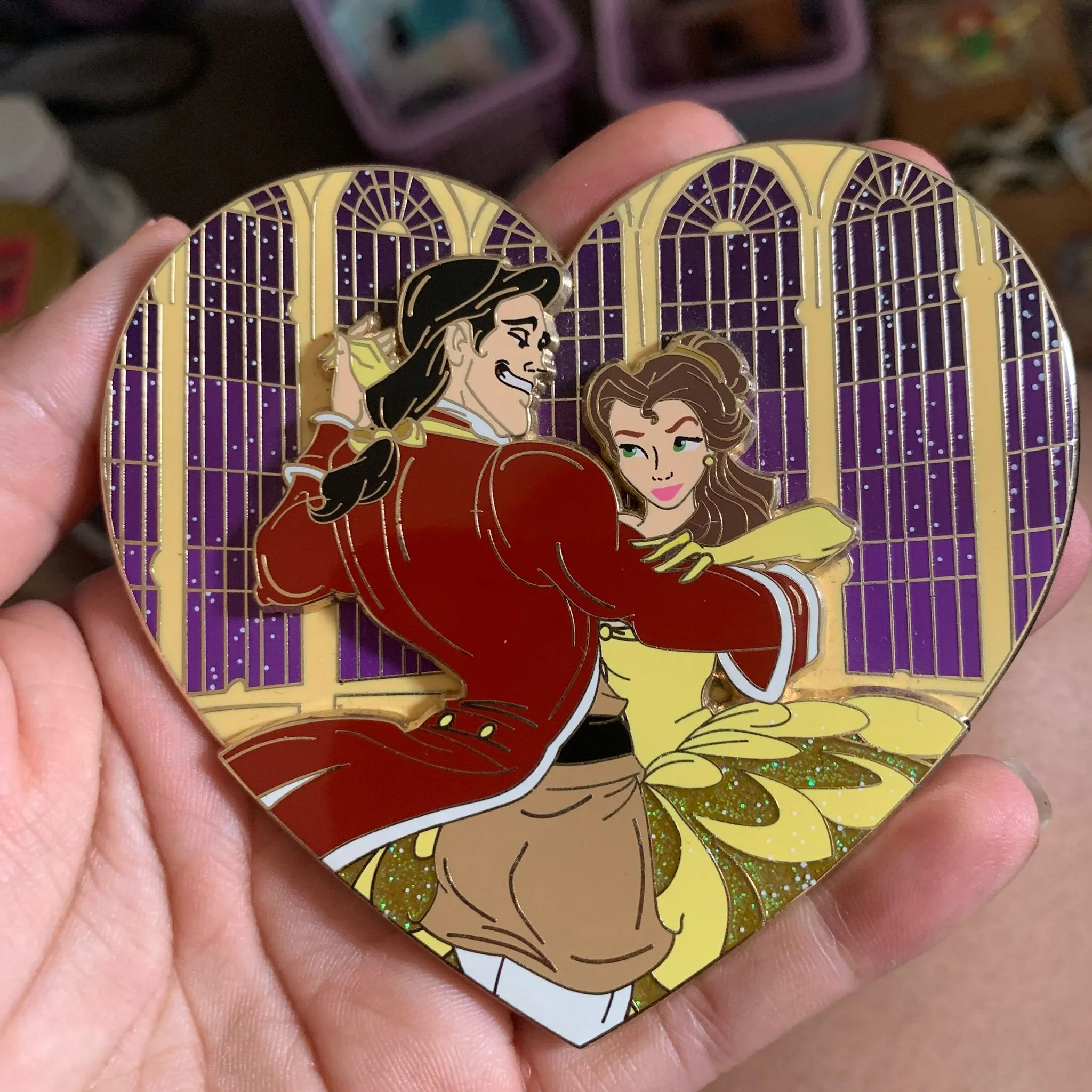 Product image for Fantasy Beauty and the Beast pin Belle and Gaston LE "toobusytocare" Heart