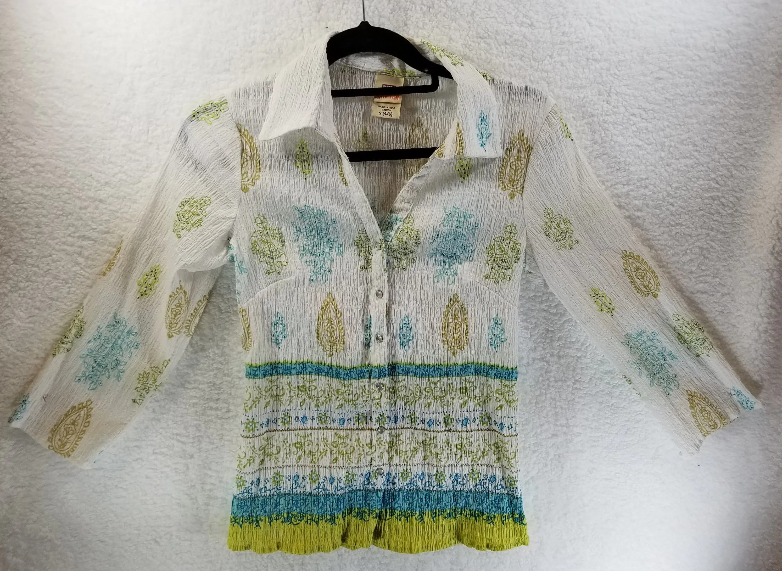 Product image for Faded Glory Stretch Crepe Scrunch Green/Blue/White Top Size S (4-6)
