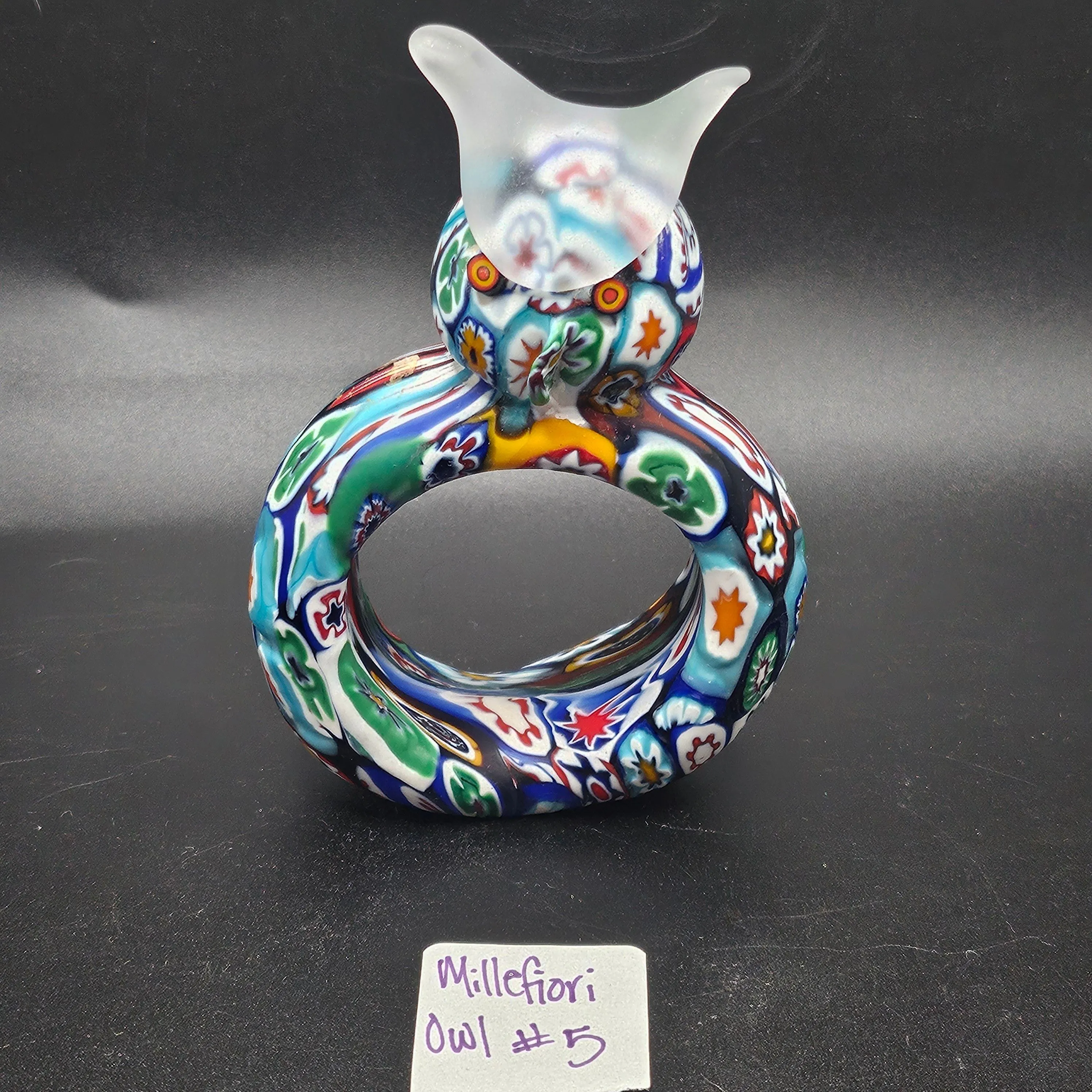 Product image for #5 HTF Vintage KB Italy Murano Venetian Art Glass Satin Millefiori Cut Cane Owl Napkin Ring RARE!