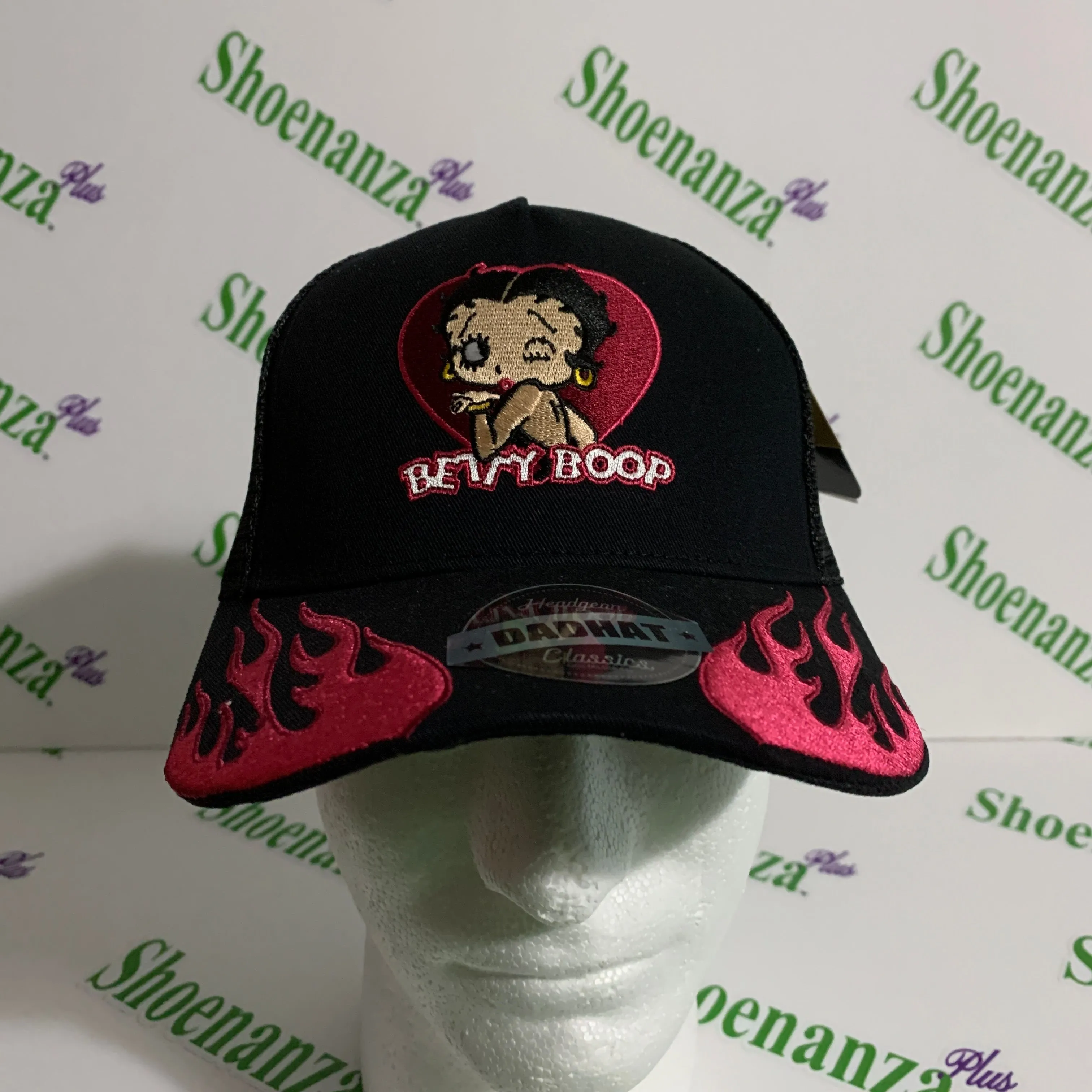 Product image for Headgear Classics Hat Betty Boop Motorcycle Club Flames Trucker Black Pink Cap