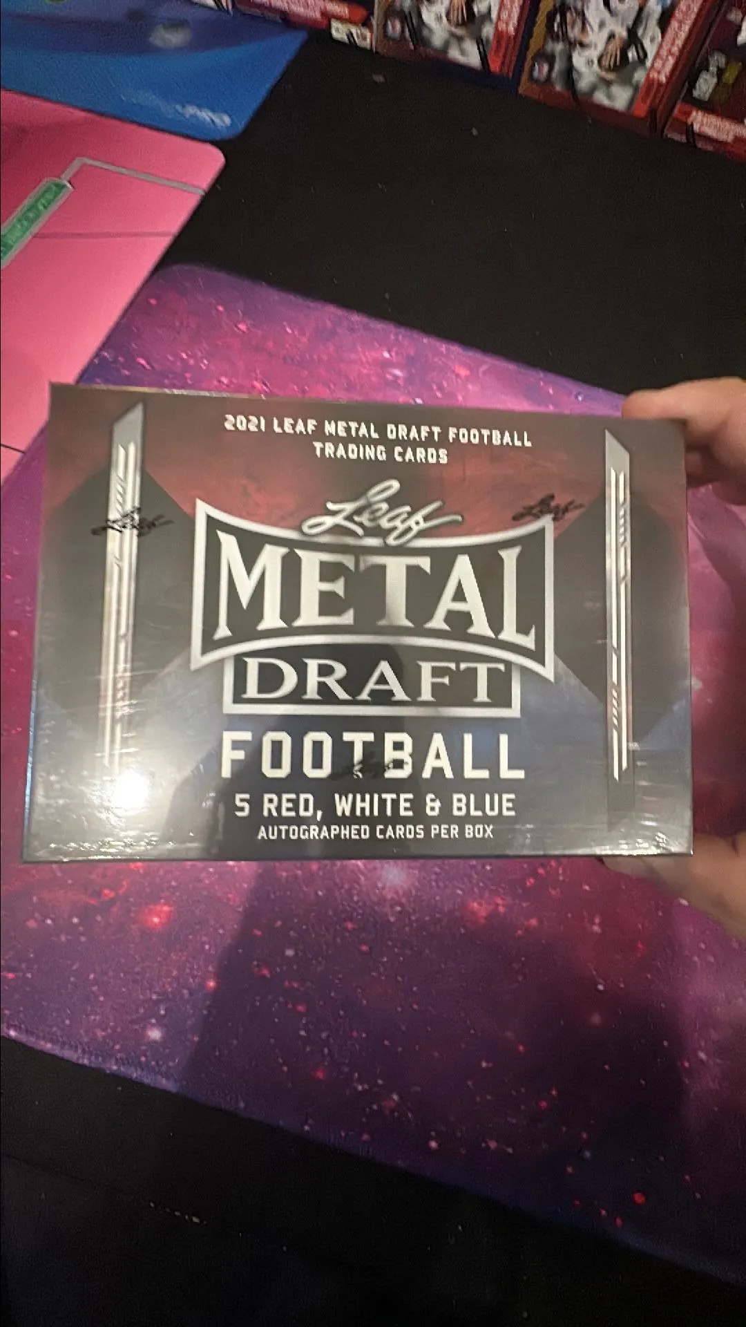 Product image for ( 1 ) 2021 Leaf Draft Metal Red White Blue Hobby Box 5 Hits Per