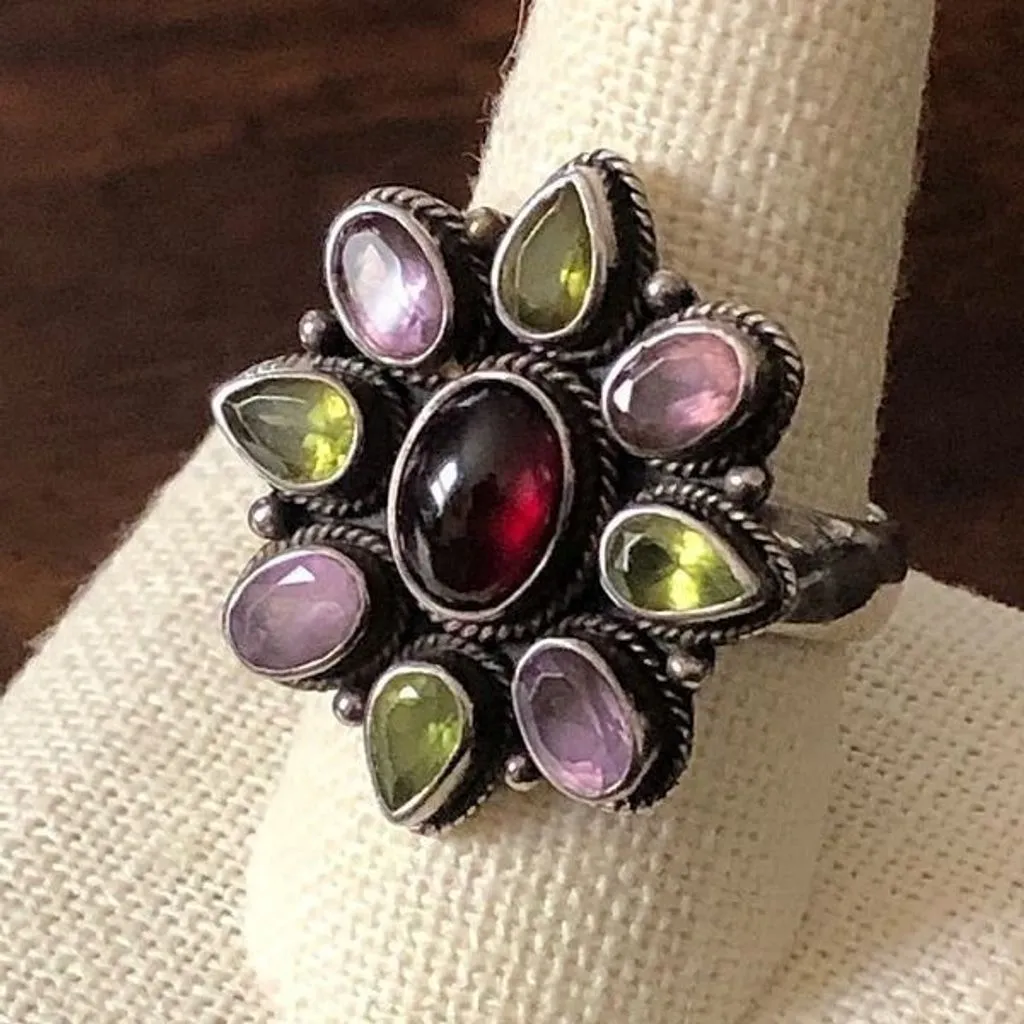 Product image for Garnet Peridot Amethyst Sterling Silver Sunburst Shaped Flower Gemstone Ring
