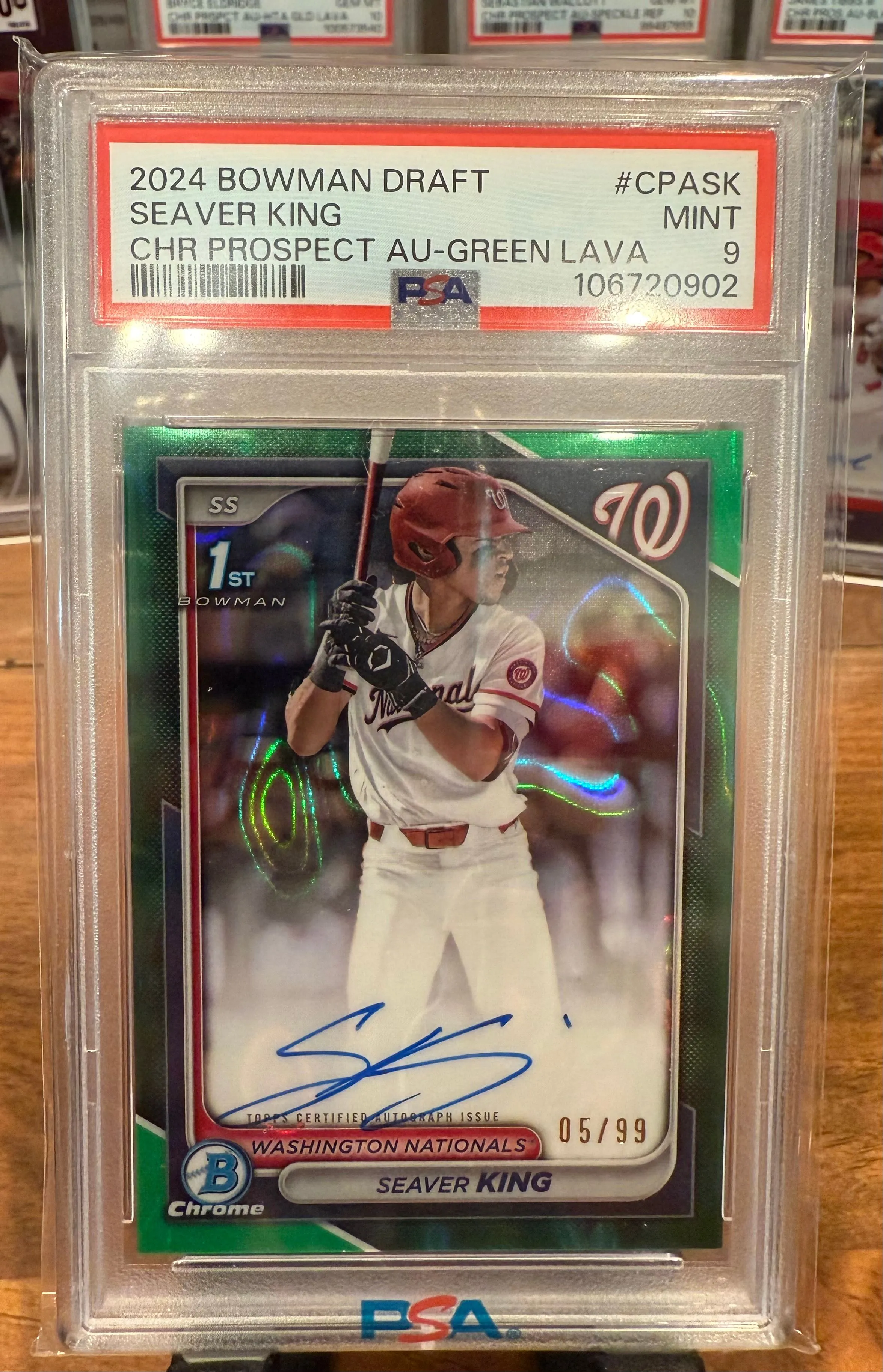 Product image for 2024 Bowman Draft Seaver King 1st Green Lava Auto /99 PSA 9