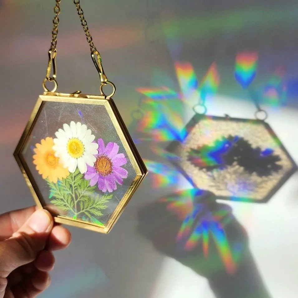 Product image for Sun Catcher Made with Real Pressed Flowers! Prismatic Rainbow Blaster!  Rainbow Floral Arrangement