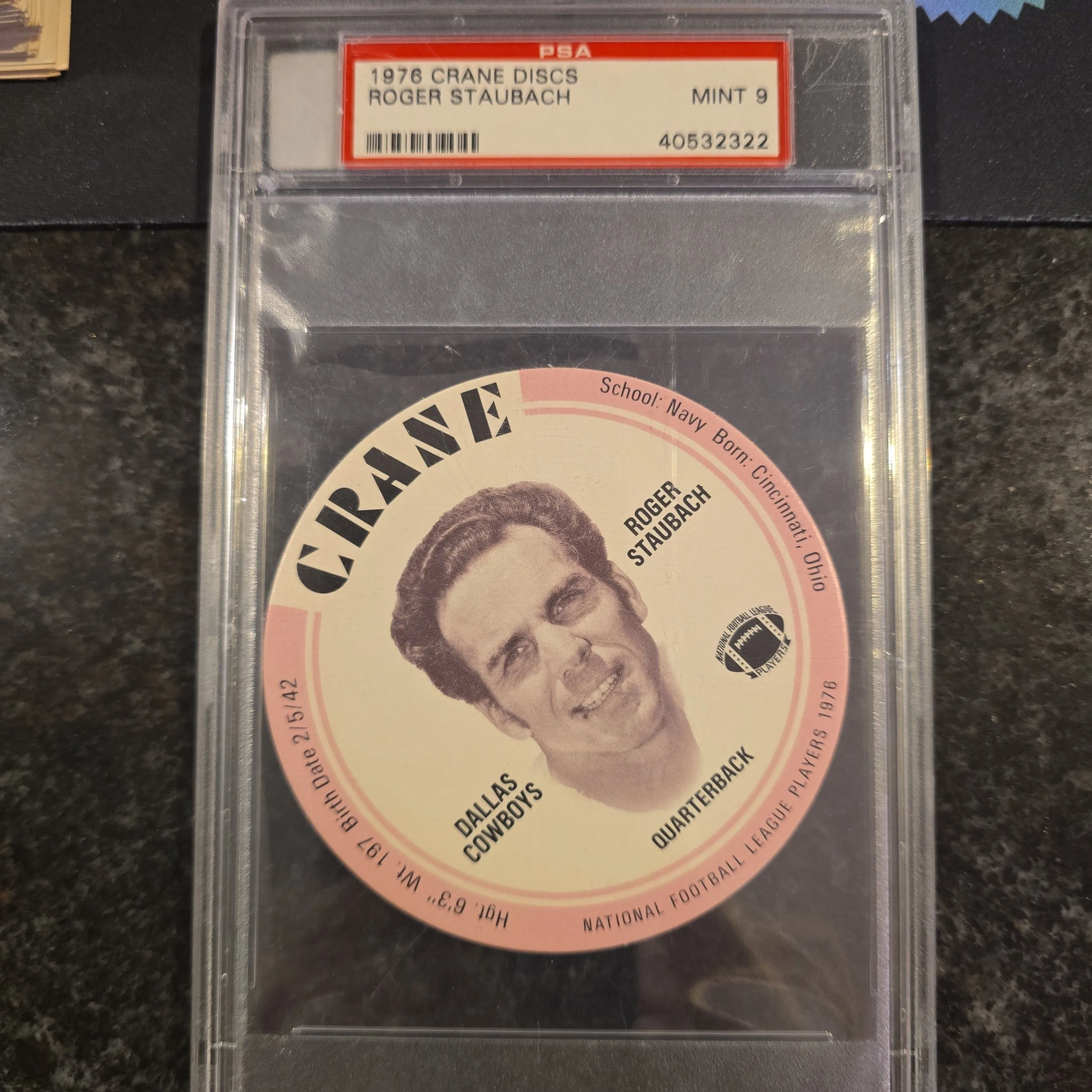 Product image for 1976 Crane Discs Roger Staubach   PSA MINT 9