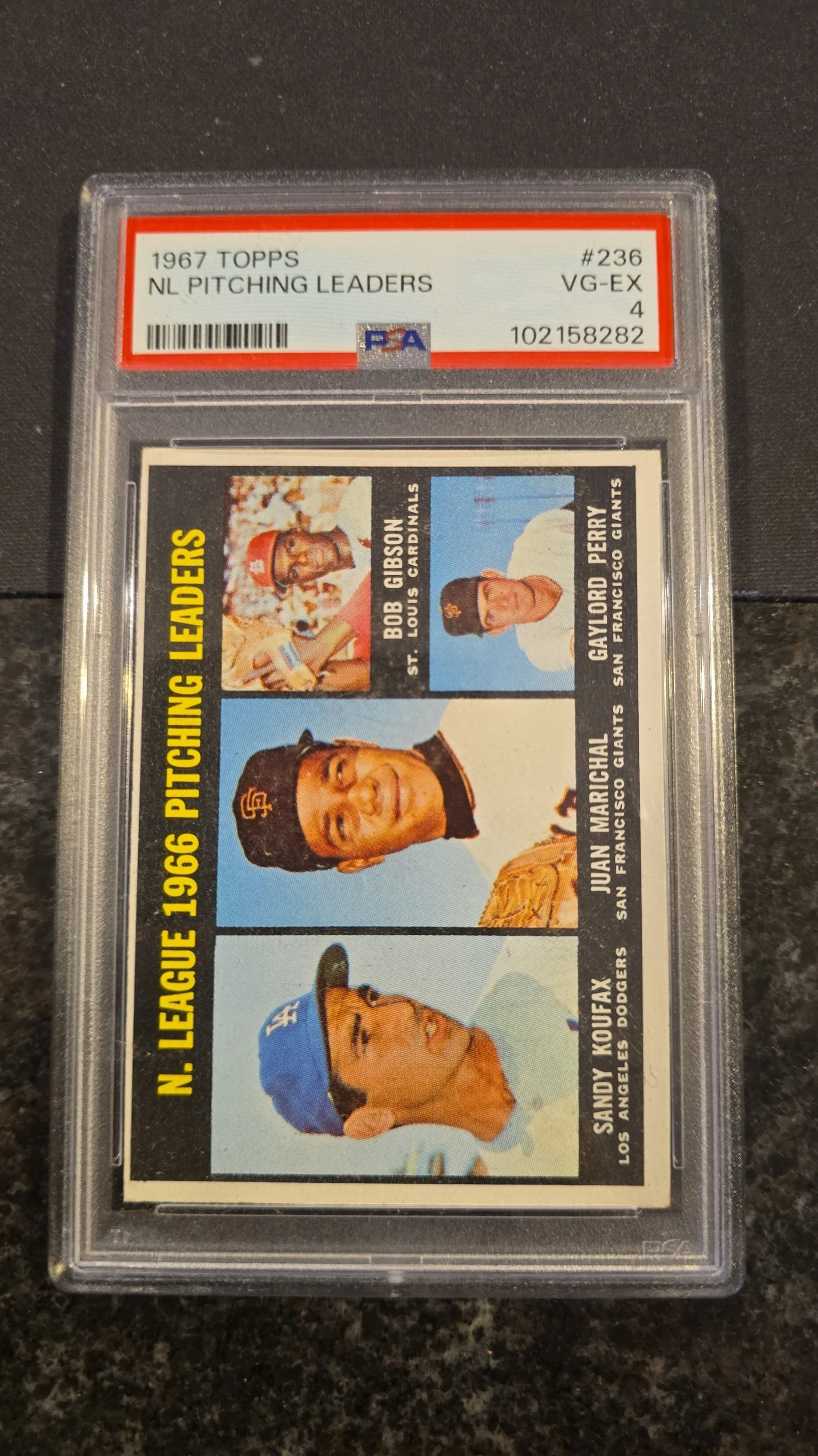Product image for 1967 Topps NL Pitching Leaders #236 Koufax/Marichal/Gibson/Perry PSA 4 Good