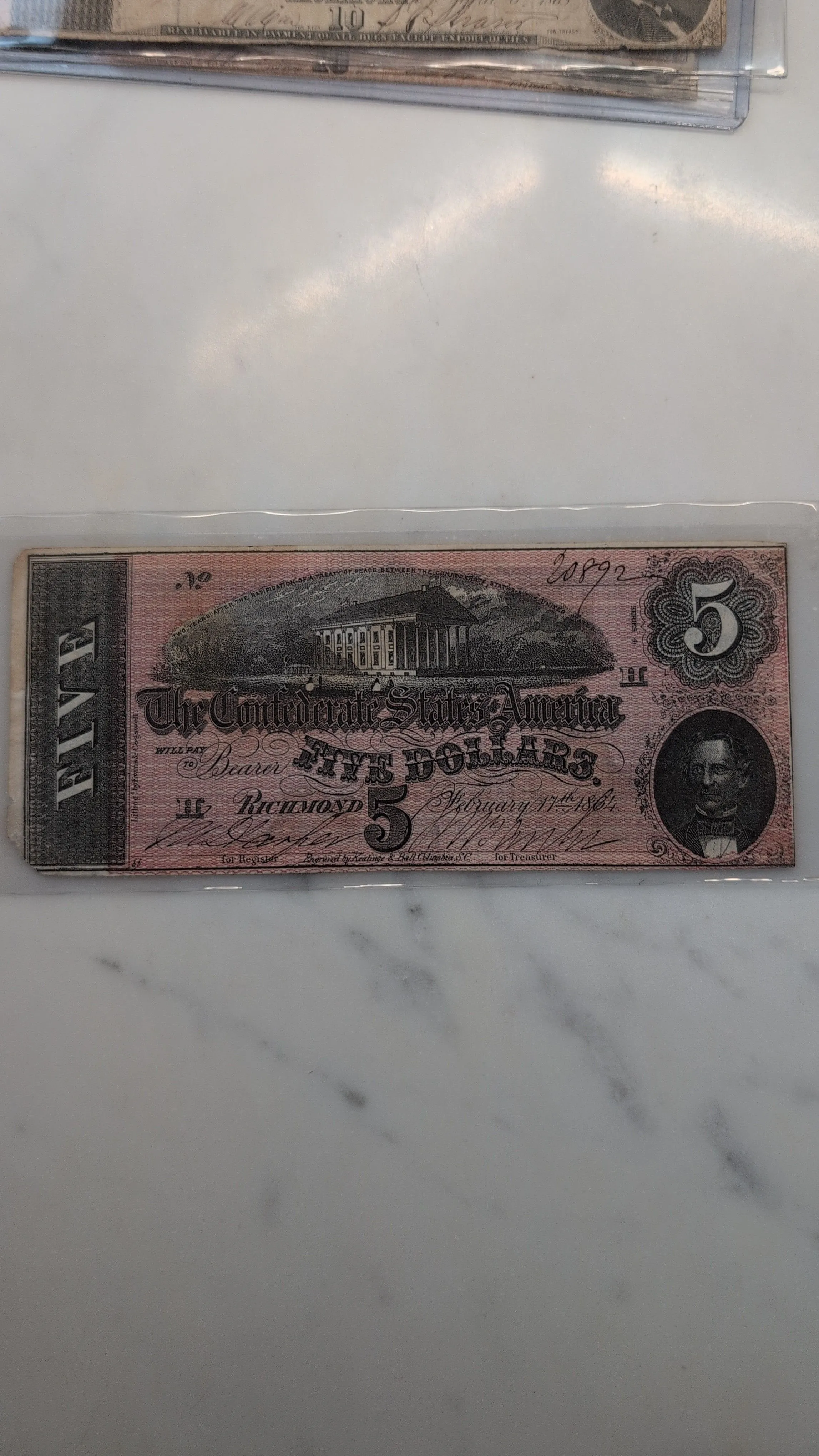 Product image for 1864 $5 Five Dollars Confederate States Of America Note Richmond - Nice Red and Blue Color Remain