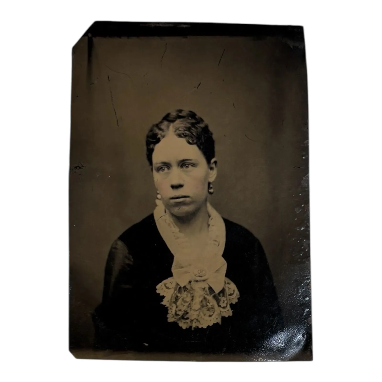 Product image for Classic Beautiful Lady Tin Type * Color Tint Added to Cheek * Earrings Lace Collar with Broach *