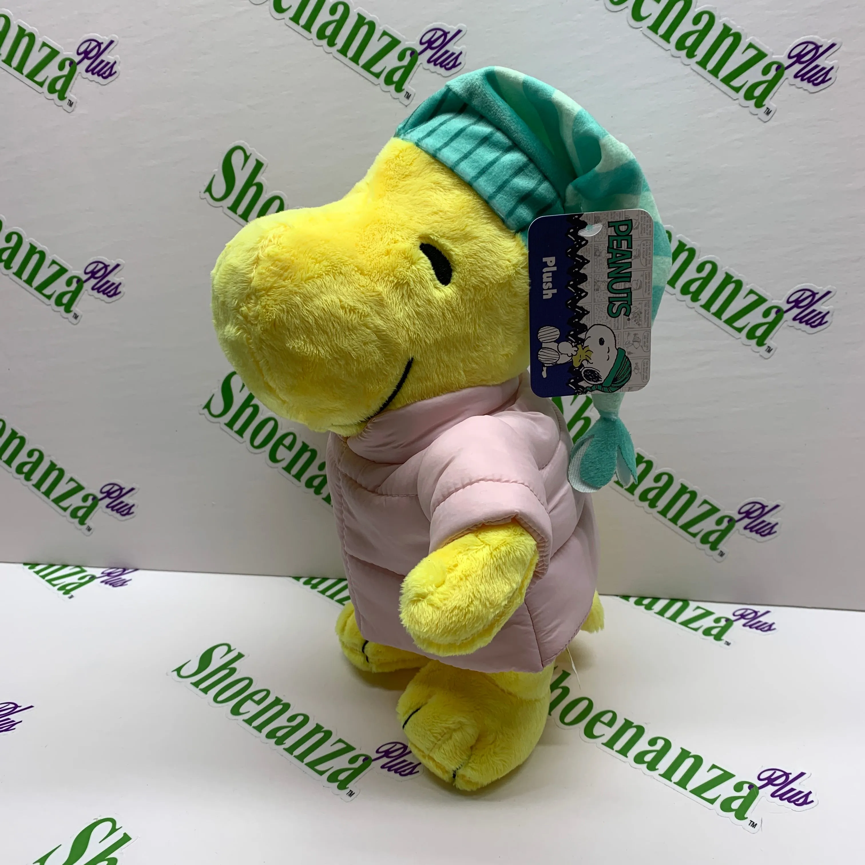 Product image for Ruz Plush Stuffed Peanuts Woodstock Pink Puffer Coat Jacket Green Boggin 11"
