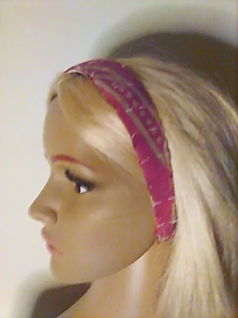 Product image for H506. Headband Kantha Hard Surface Pink Tan OS Raw Edges Upcycled New