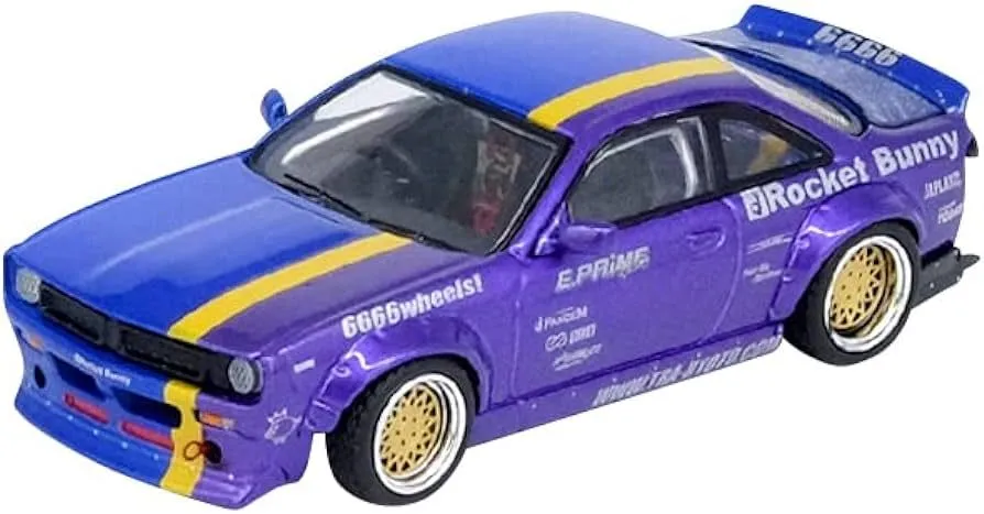 Product image for Inno64 Nissan Silvia (S14) RHD (Right Hand Drive) Blue and Purple Metallic with Yellow Stripe "Tomonori Idekawa's Rocket Bunny Boss"