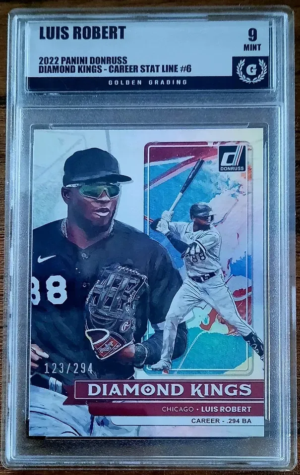 Product image for Luis Robert 2022 Panini Donruss Diamond Kings #6 Career Stat Line 123/294 Golden Grading (GG) 9 Mint