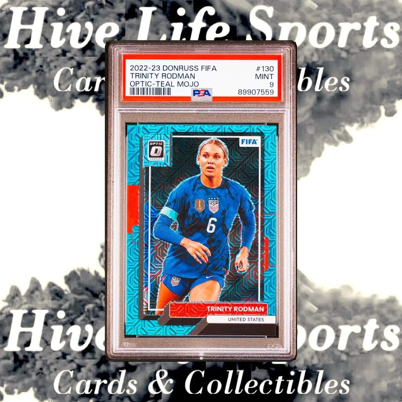 Product image for Trinity Rodman 2022-23 Donruss FIFAOptic Teal Mojo /49 #130 USA PSA 9
