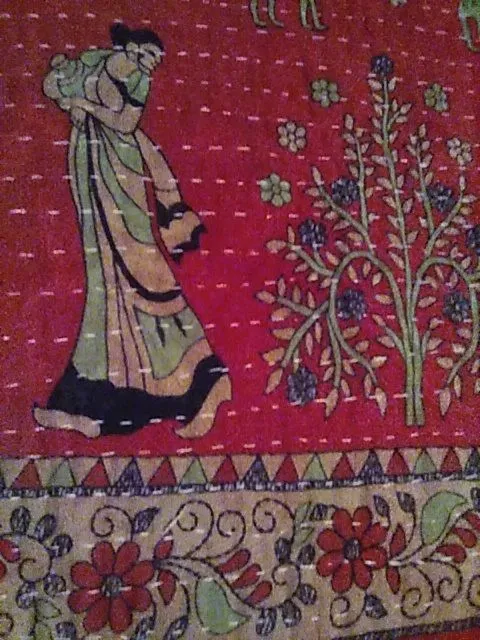 Product image for K5. Kantha Quilt Red With Women 56" x83" Cotton Patchwork Reversible Handmade 