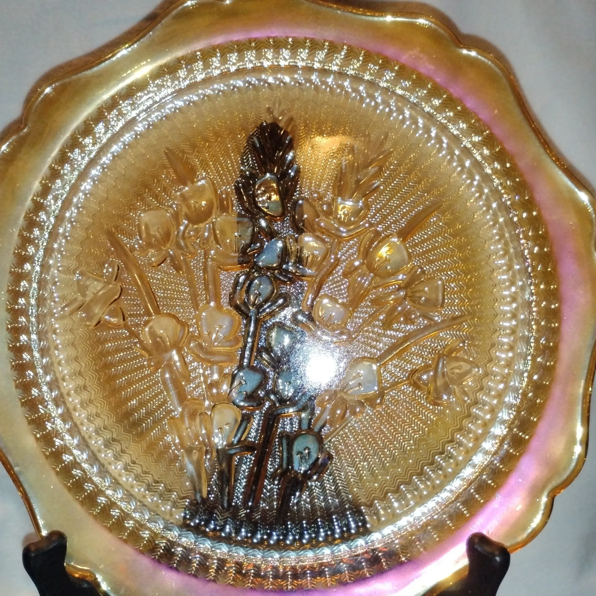 Product image for vintage Jeannette Marigold Carnival Glass Iris & Herringbone Platter,