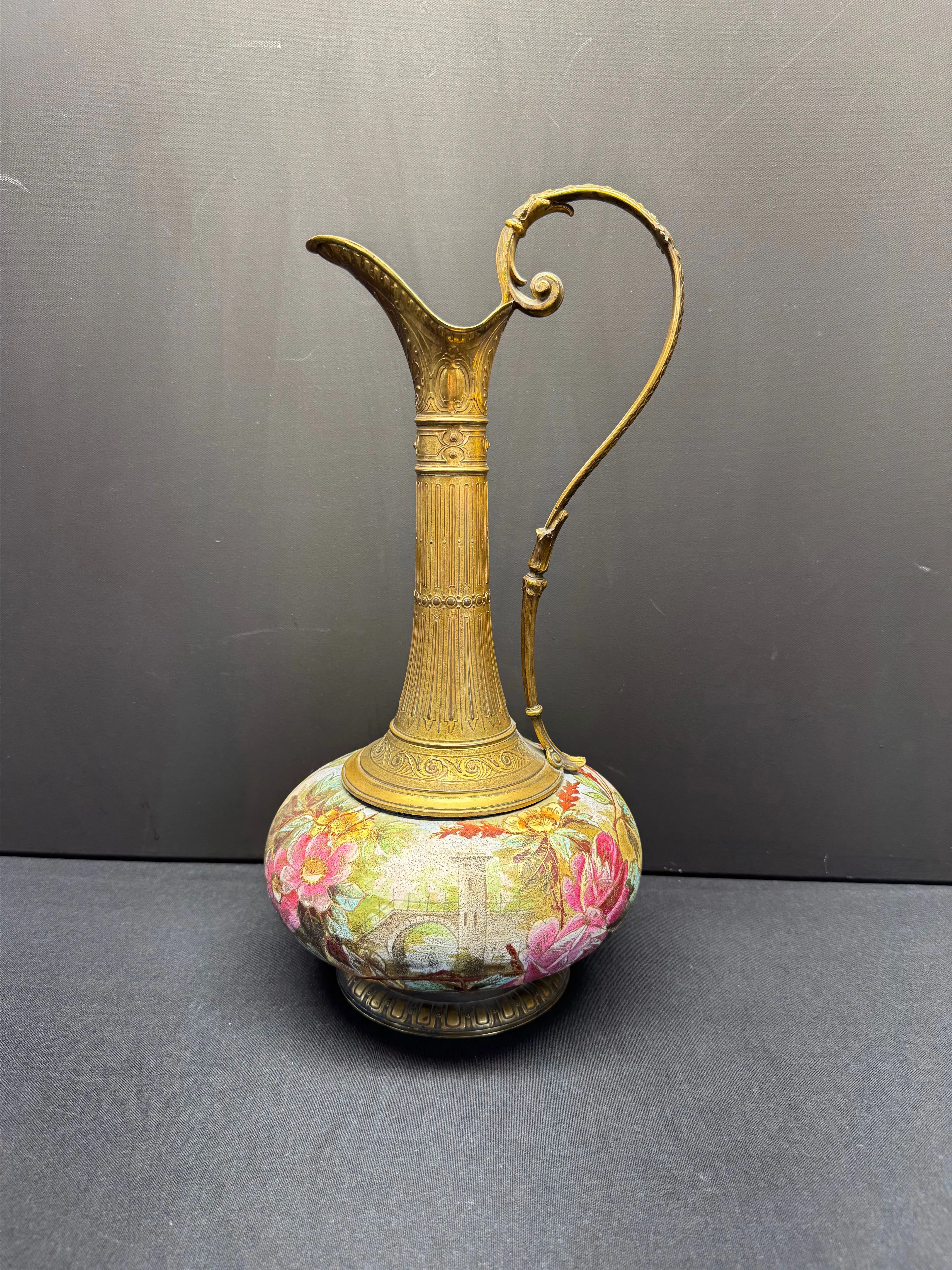 Product image for Antique 16" Hand Painted Brass Pitcher ~ Stunning