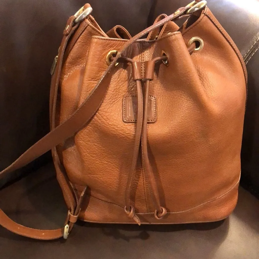 Product image for BURBERRYS Brown Leather Drawstring Bucket Bag Nova Check Haystack Lining VTG