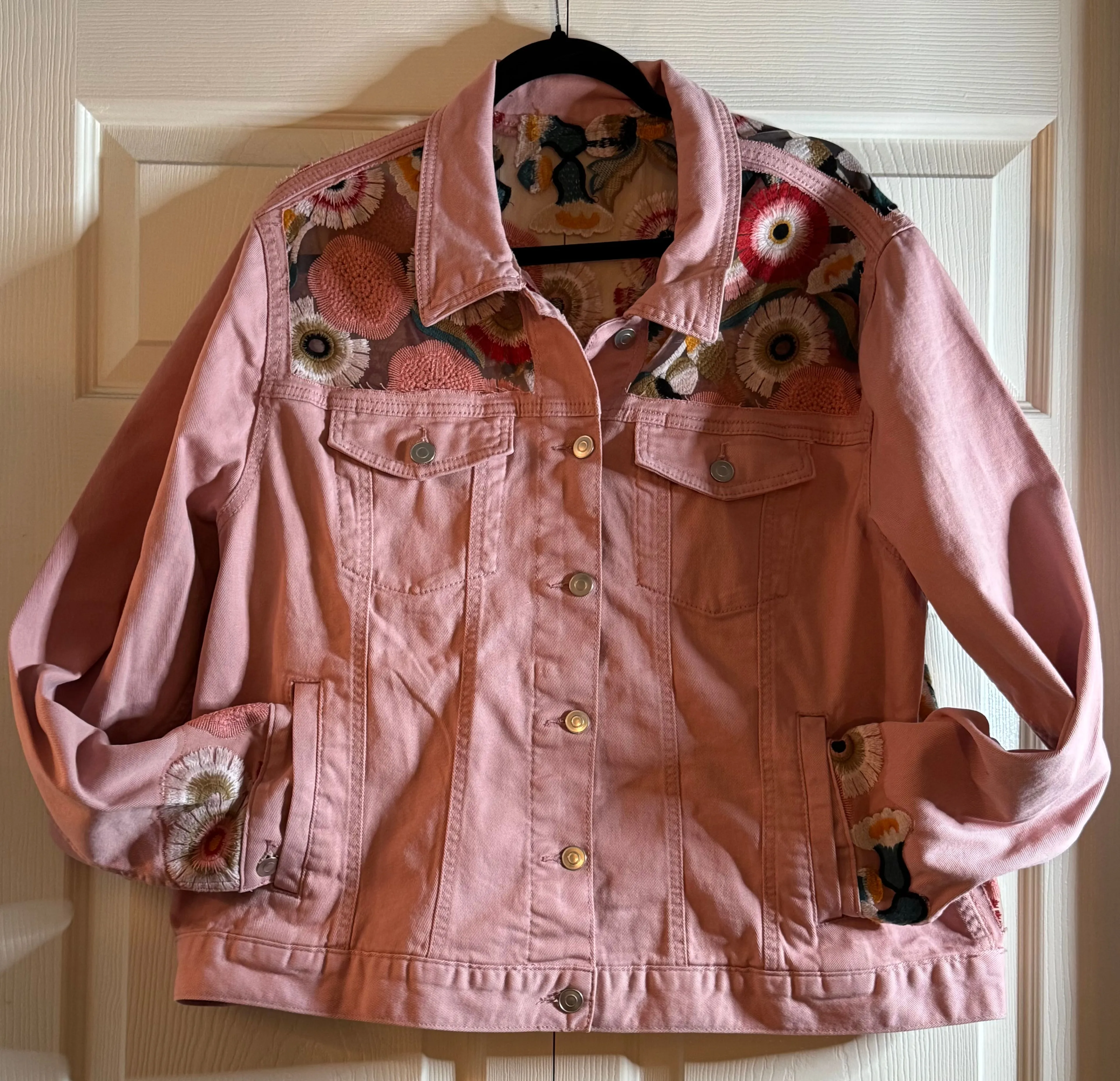 Product image for Boho Sheer Lace Embroidered Denim Jacket Upcycled Size XXL