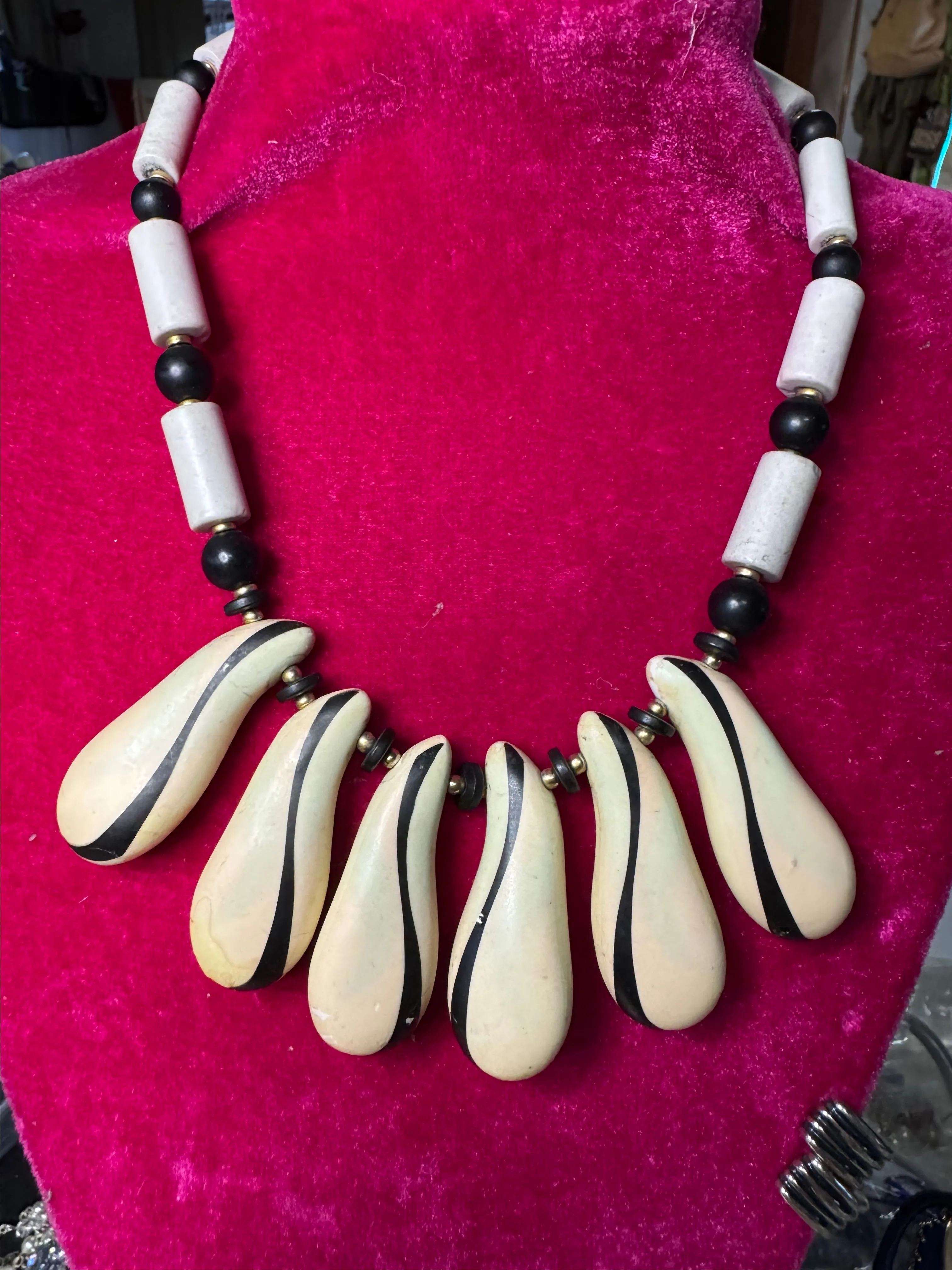 Product image for PORCELAIN NECKLACE JAPAN HANDMADE & PAINTED CREAM & BLACK VINTAGE HAIKU CERAMIC