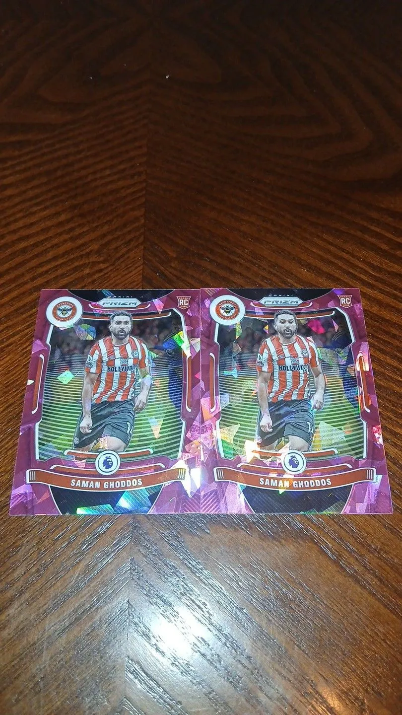 Product image for 2021-22 Panini Prizm Premier League Soccer Saman Ghoddos 2 Card Pink Cracked Ice Prizm Rookie Lot 
