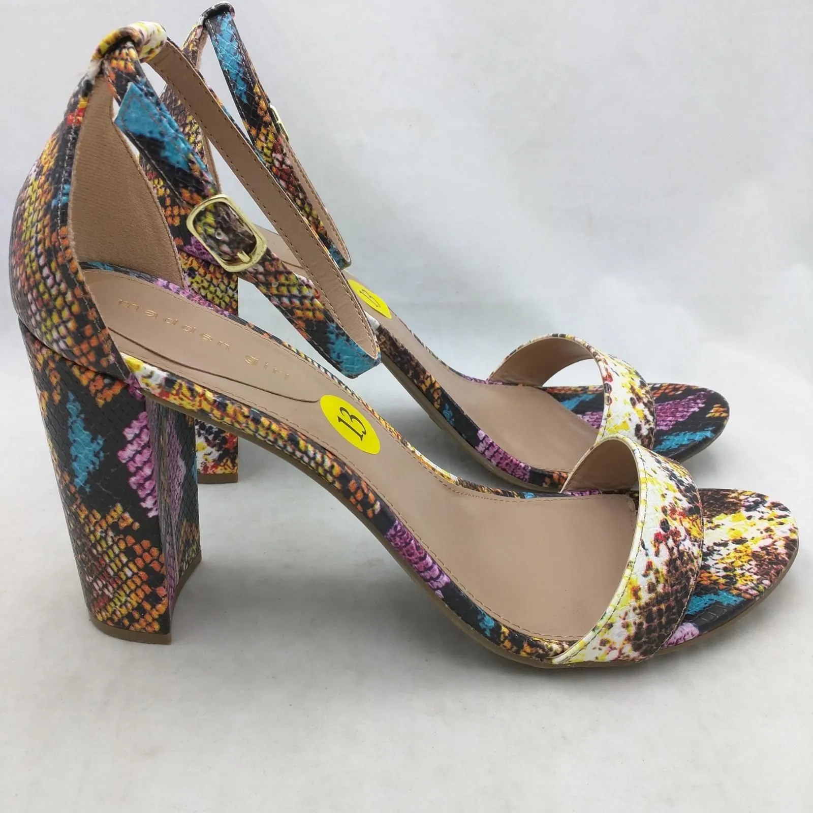 Product image for New 13 Madden Girl Snake Print High Heel Shoes Multi Color Ankle Strap Peep Toe Beella