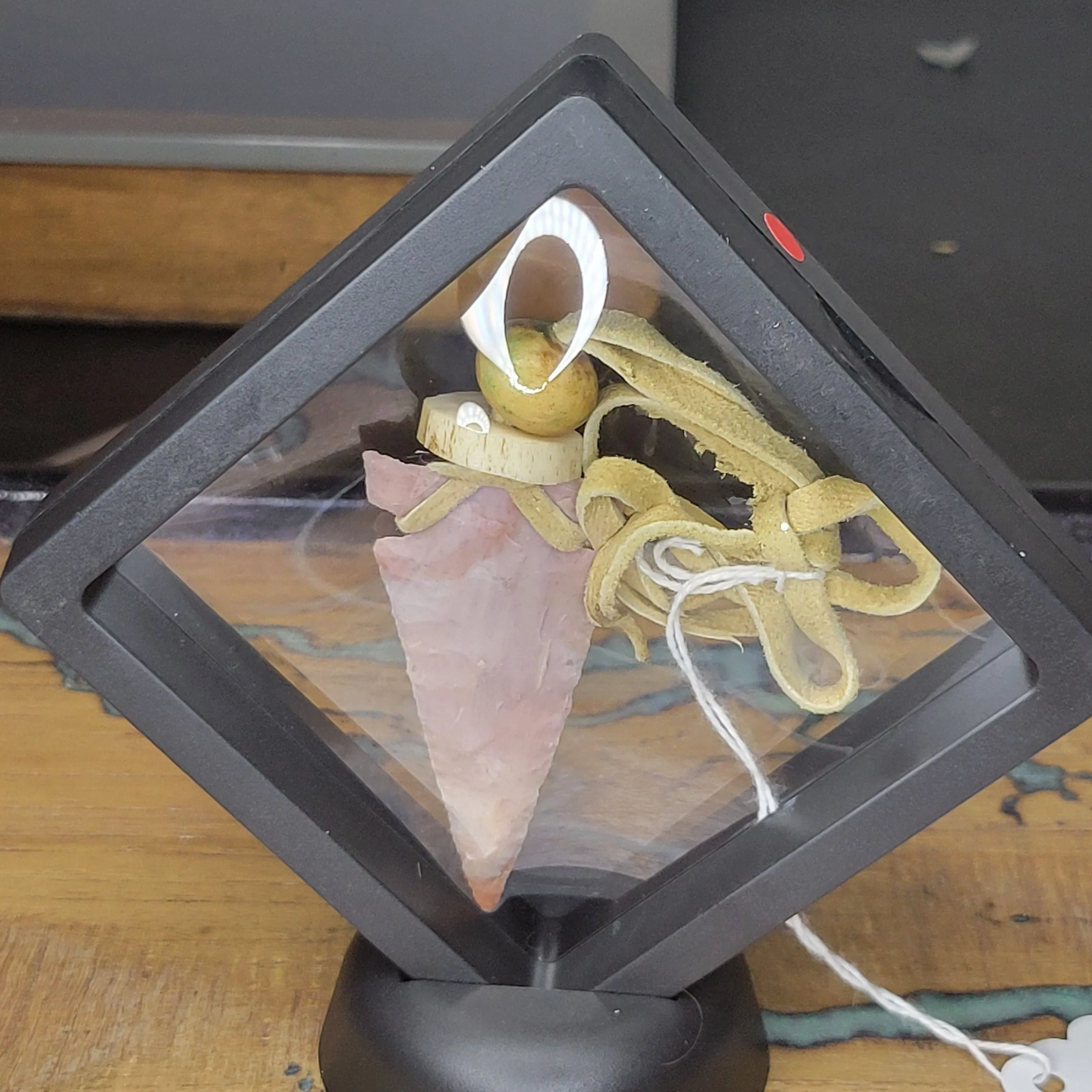 Product image for Unique Handcrafted Flint Knapped Arrowhead with Bison Bone, Whitetail shed on tanned buckskin