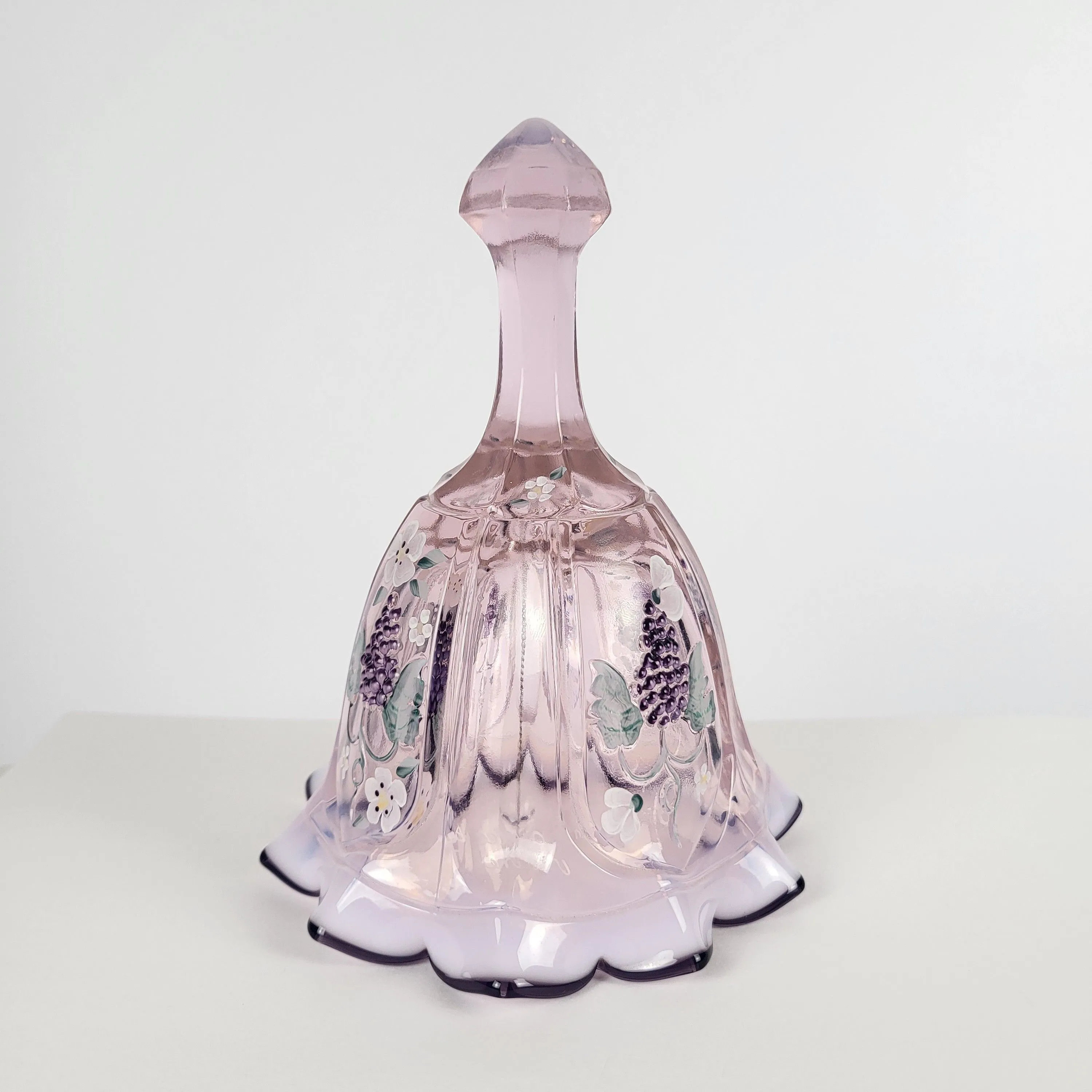 Product image for #3 Fenton Glass Grape Paneled Pink Chiffon Bell Hand Painted Signed by V. Cline