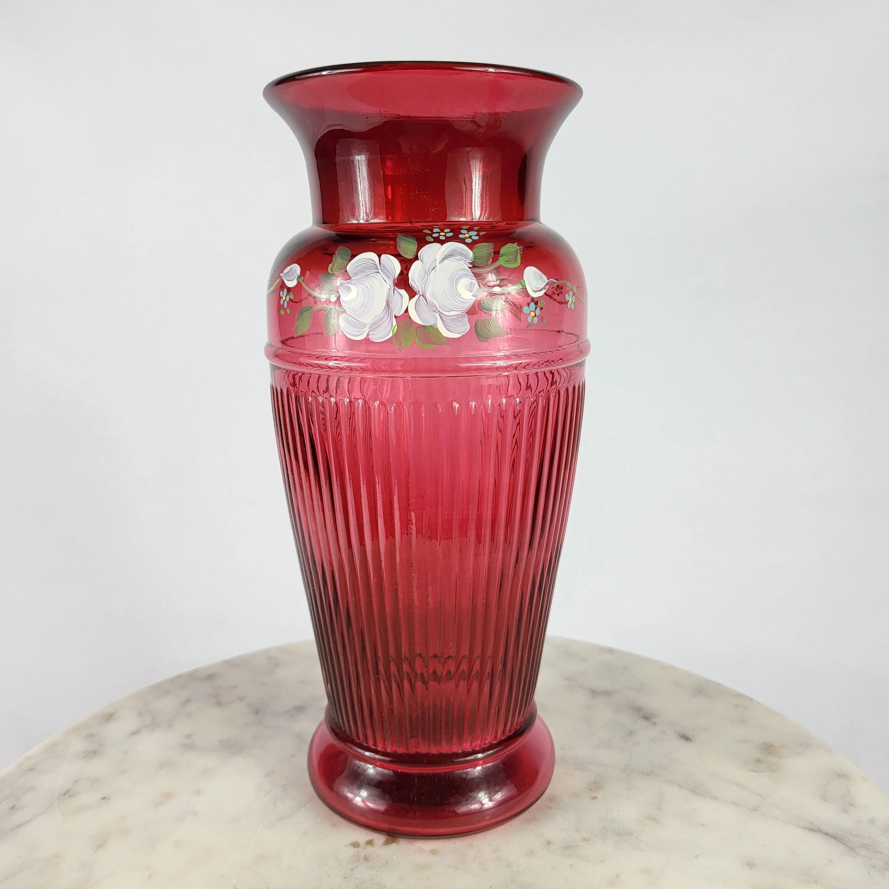 Product image for #7 Fenton Glass Cranberry Ribbed Painted Signed Vase