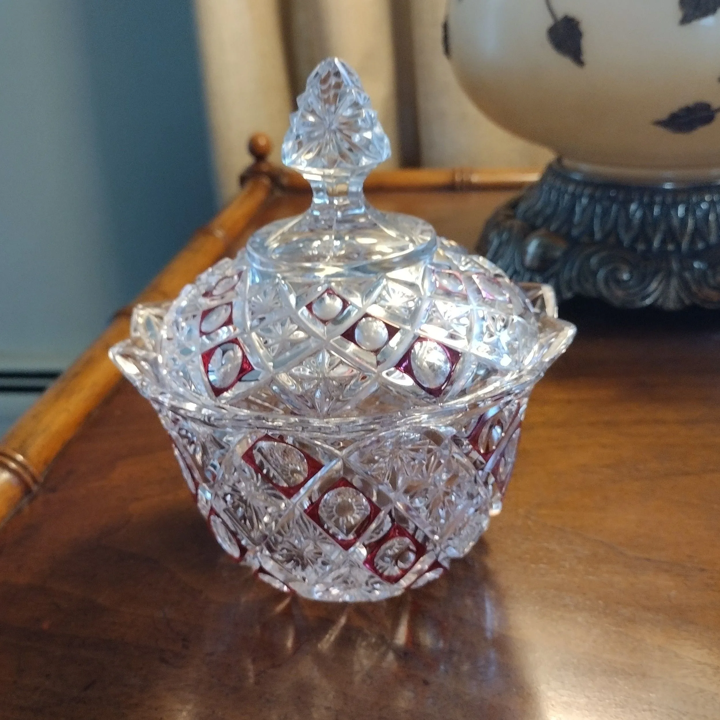 Product image for Lead Crystal Footed Candy Dish With Lid - 7" tall -- PERFECT CONDITION!