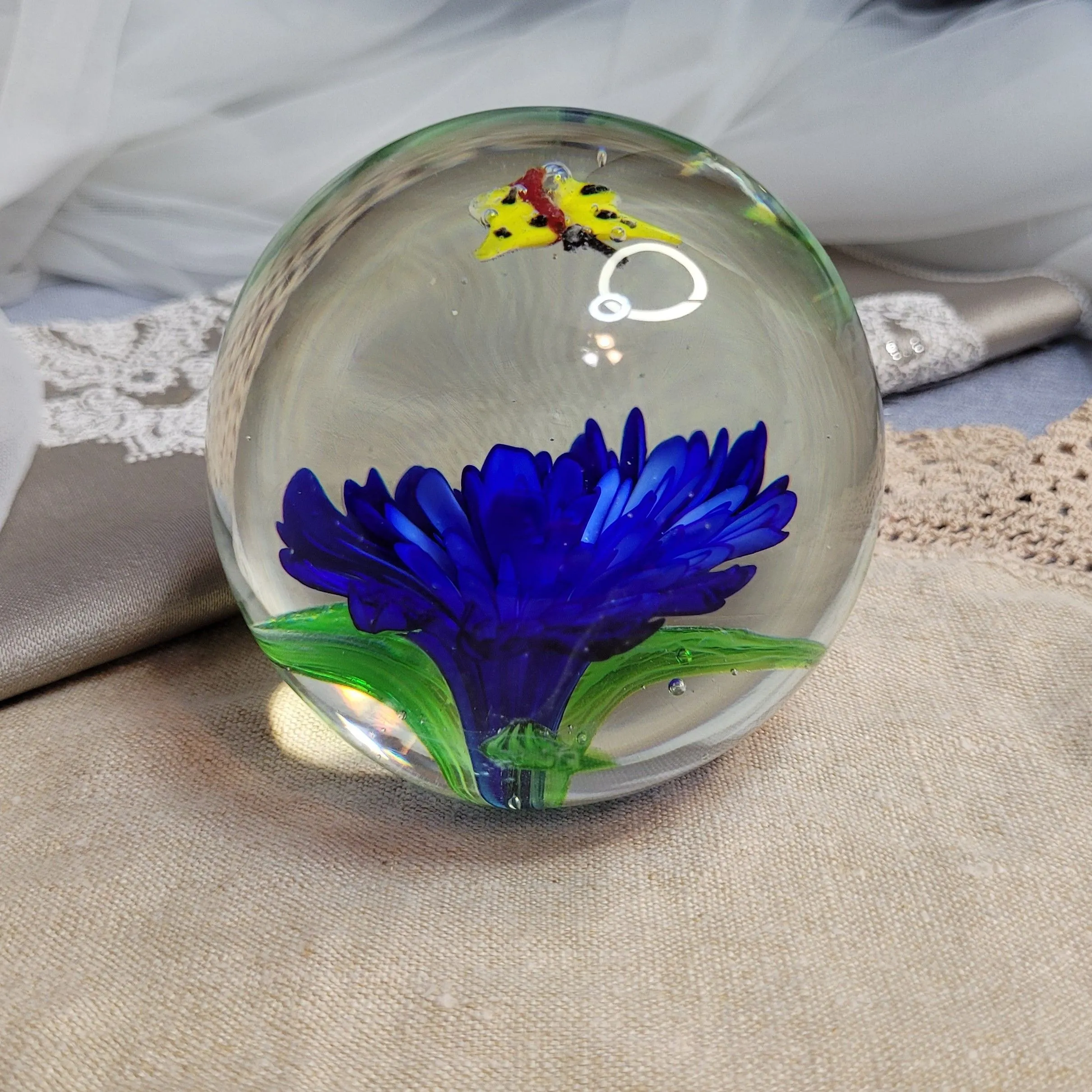 Product image for Beautiful Round Blue Flower with Yellow Butterfly Art Glass Paperweight