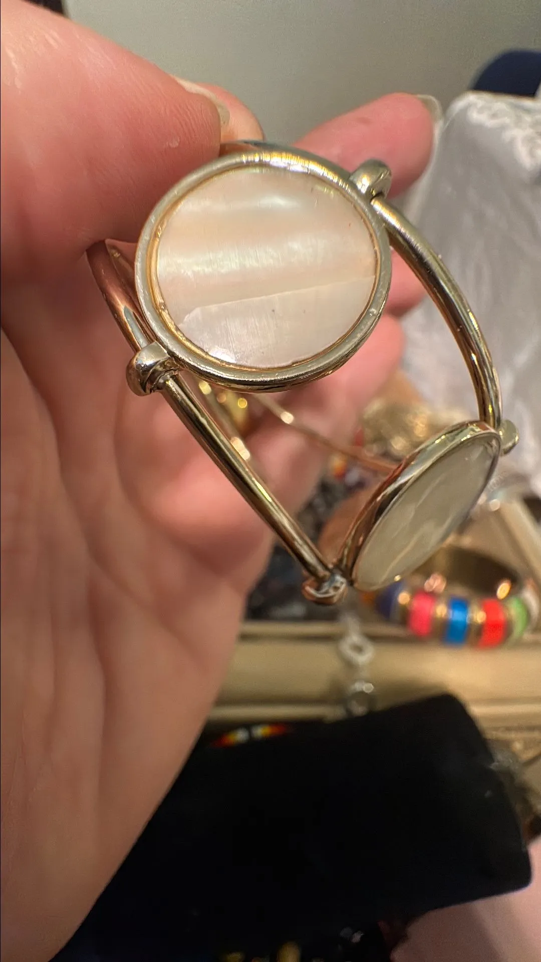 Product image for 9) mother of pearl, gold tone bracelet, cuff